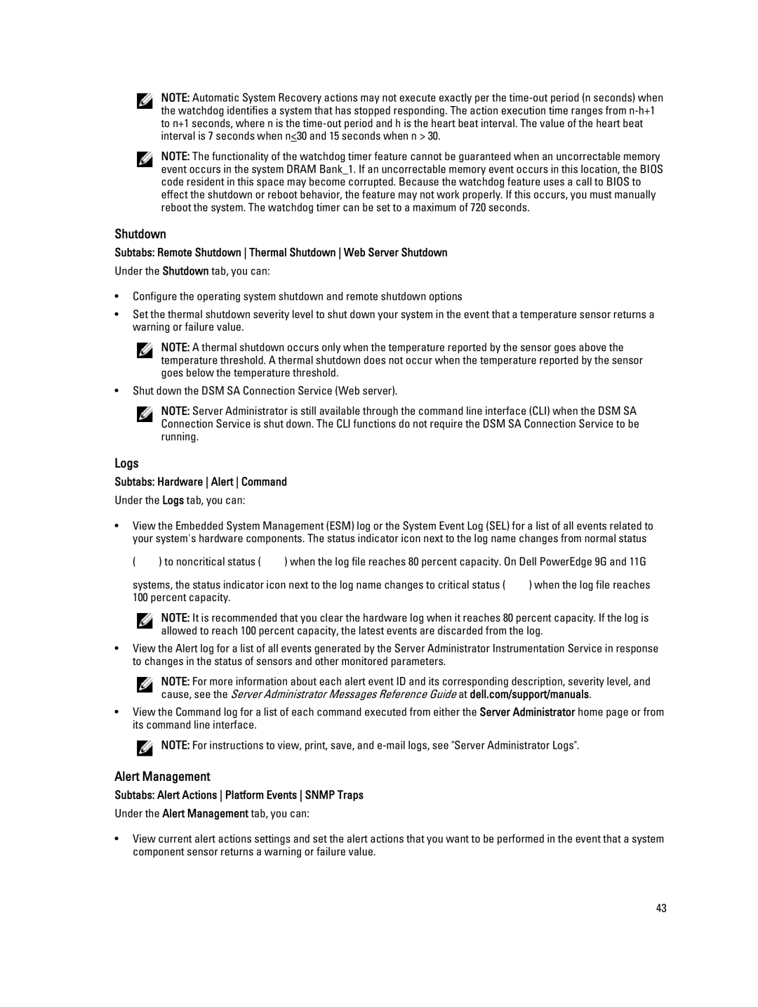 Dell Version 7.3 manual Shutdown, Logs, Alert Management, Subtabs Hardware Alert Command 