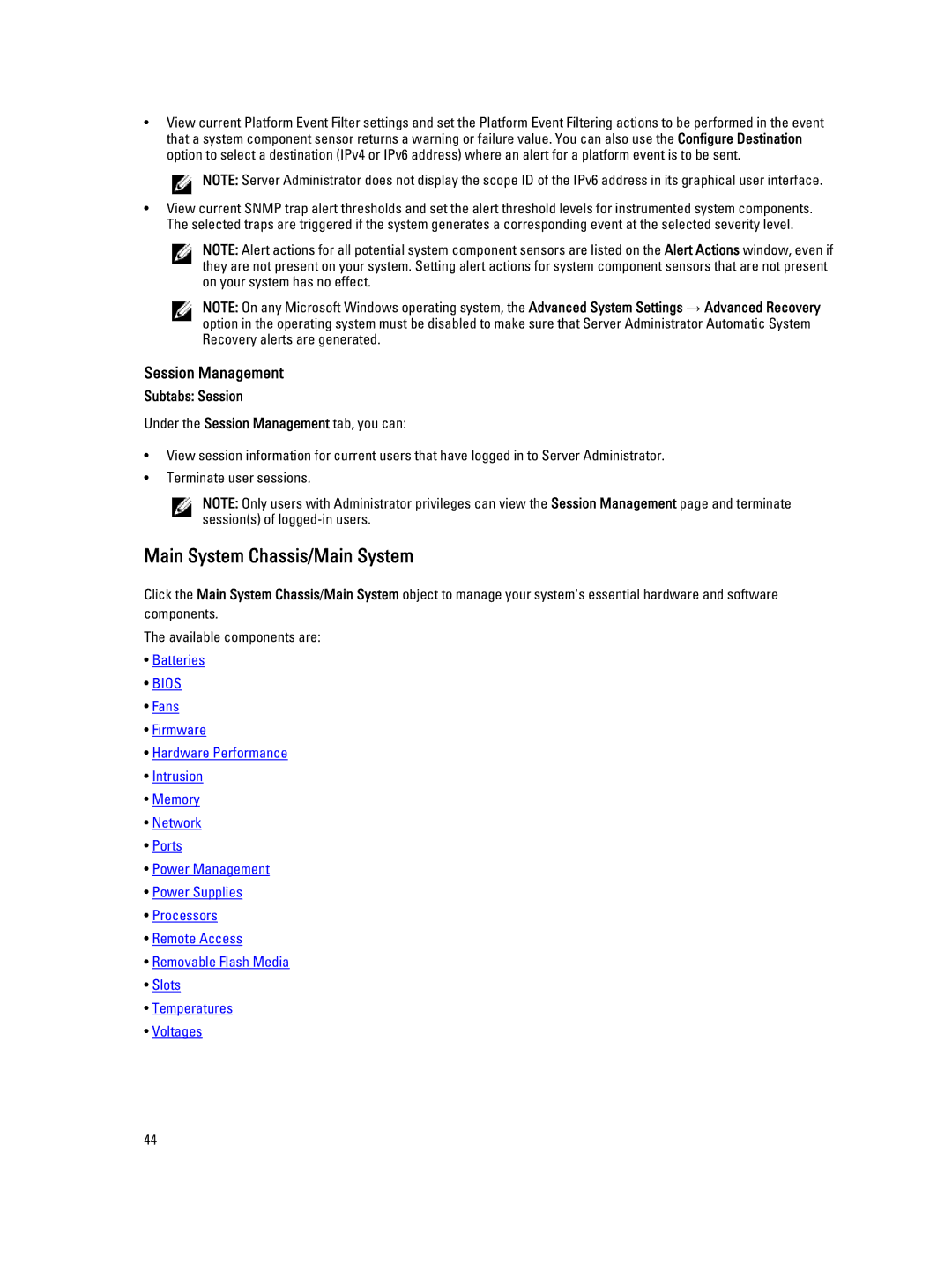 Dell Version 7.3 manual Main System Chassis/Main System, Session Management, Subtabs Session 