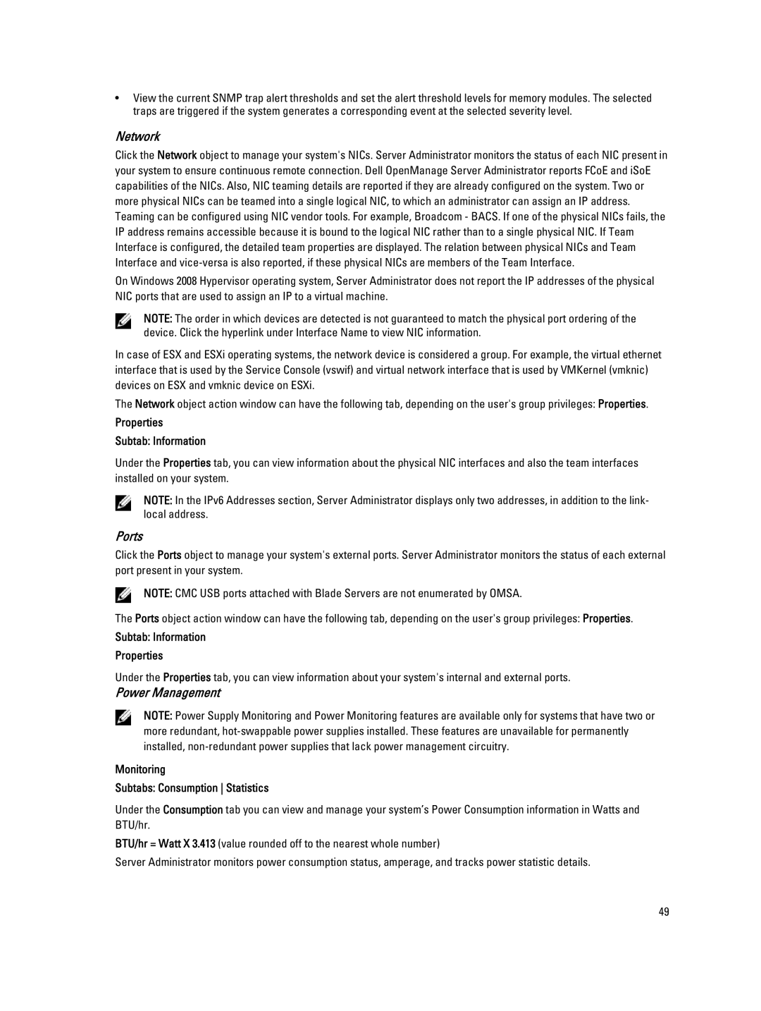 Dell Version 7.3 manual Network, Ports, Power Management, Subtab Information Properties 