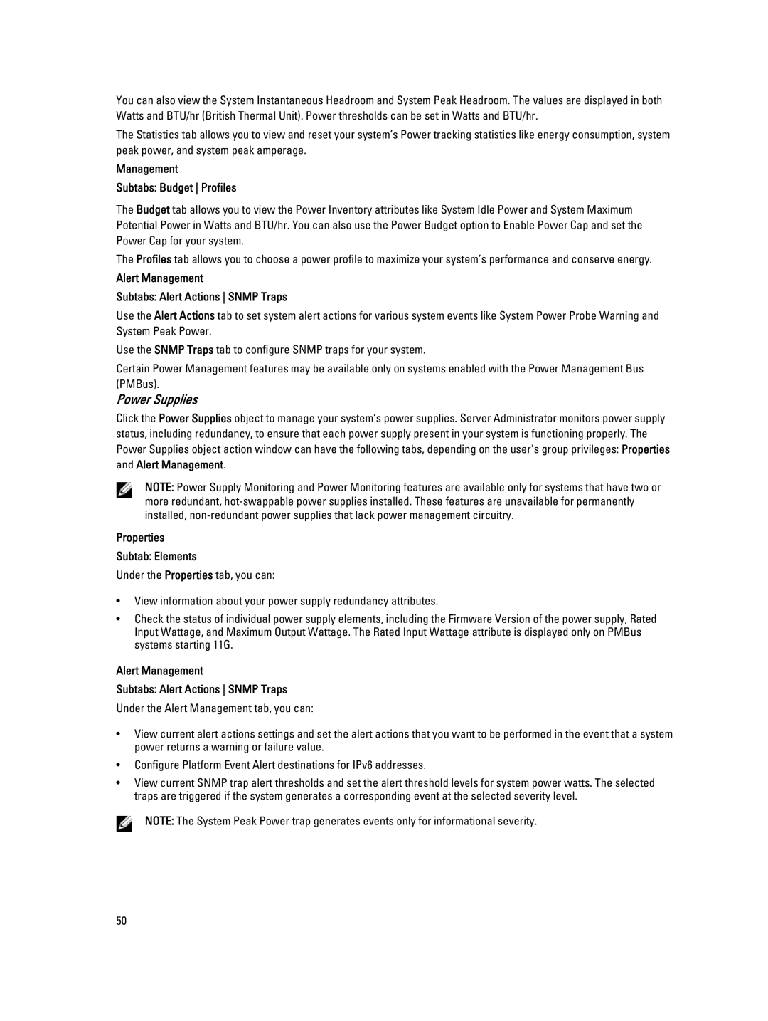 Dell Version 7.3 manual Power Supplies, Management Subtabs Budget Profiles, Alert Management Properties Subtab Elements 