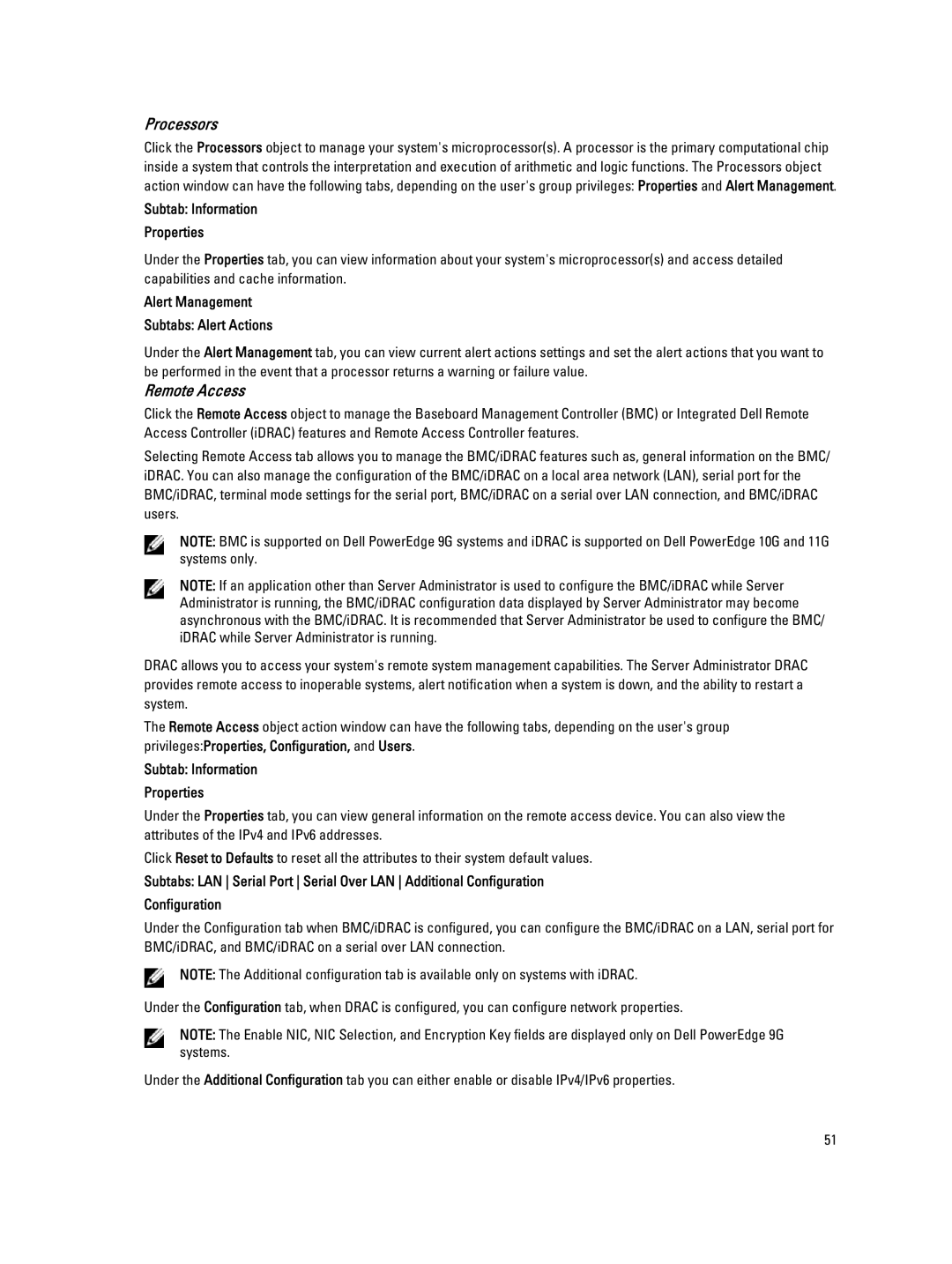 Dell Version 7.3 manual Processors, Remote Access, Alert Management Subtabs Alert Actions 