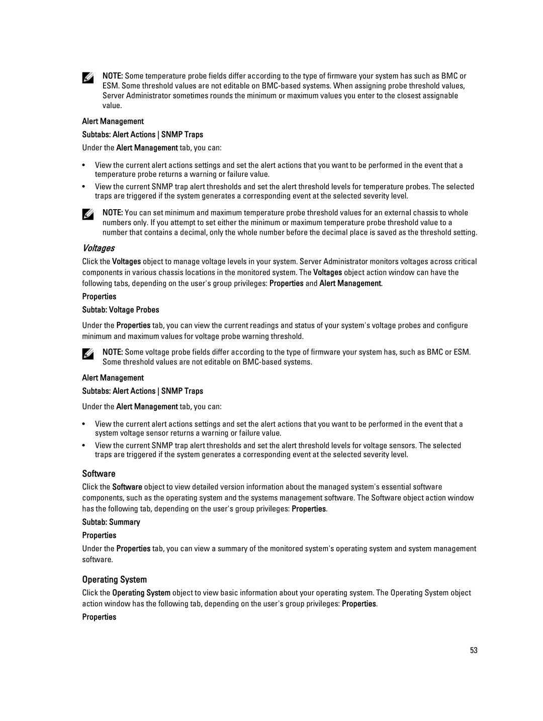 Dell Version 7.3 manual Voltages, Software, Operating System, Properties Subtab Voltage Probes, Subtab Summary Properties 