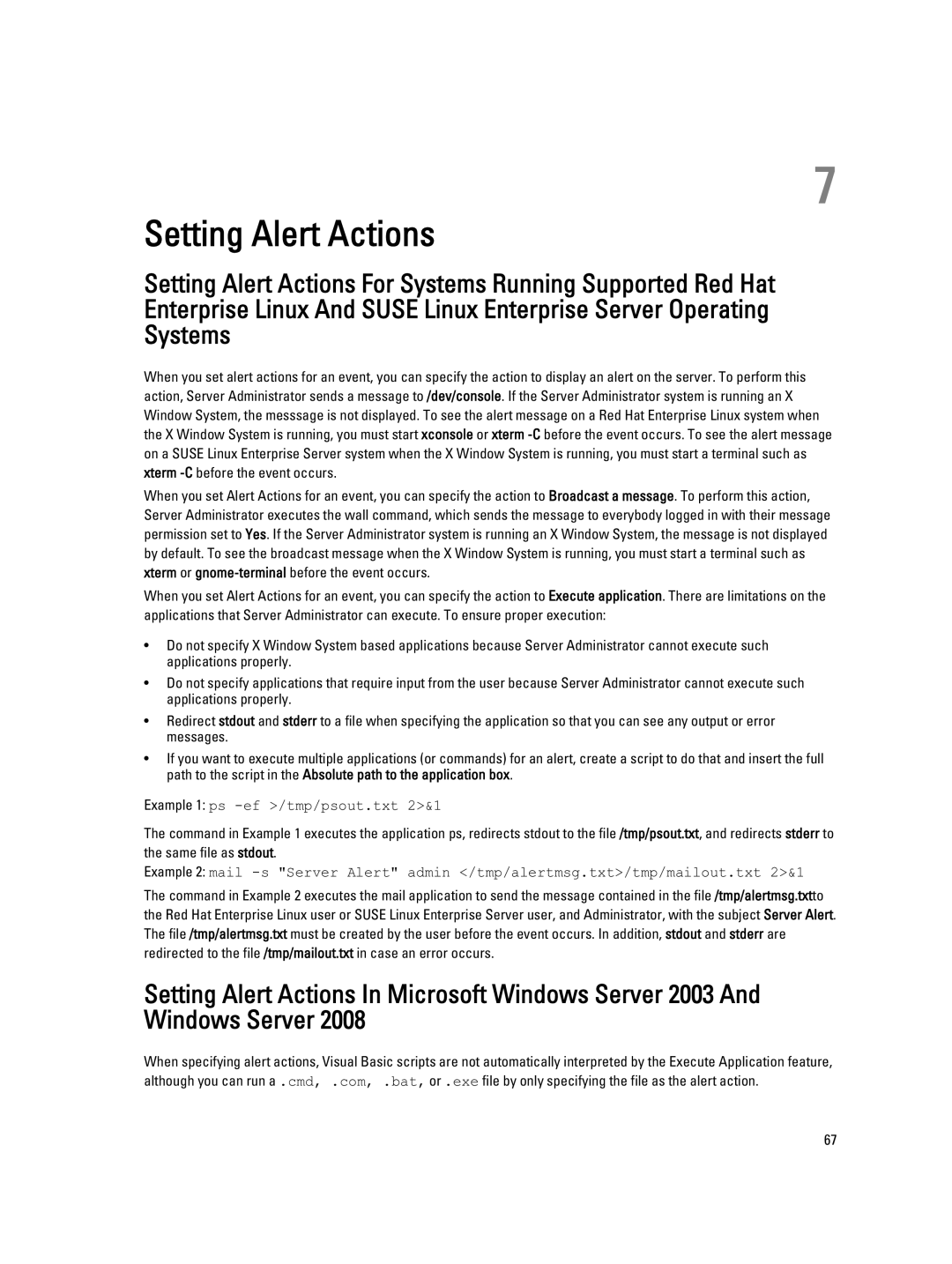 Dell Version 7.3 manual Setting Alert Actions, Example 1 ps -ef /tmp/psout.txt 2&1 