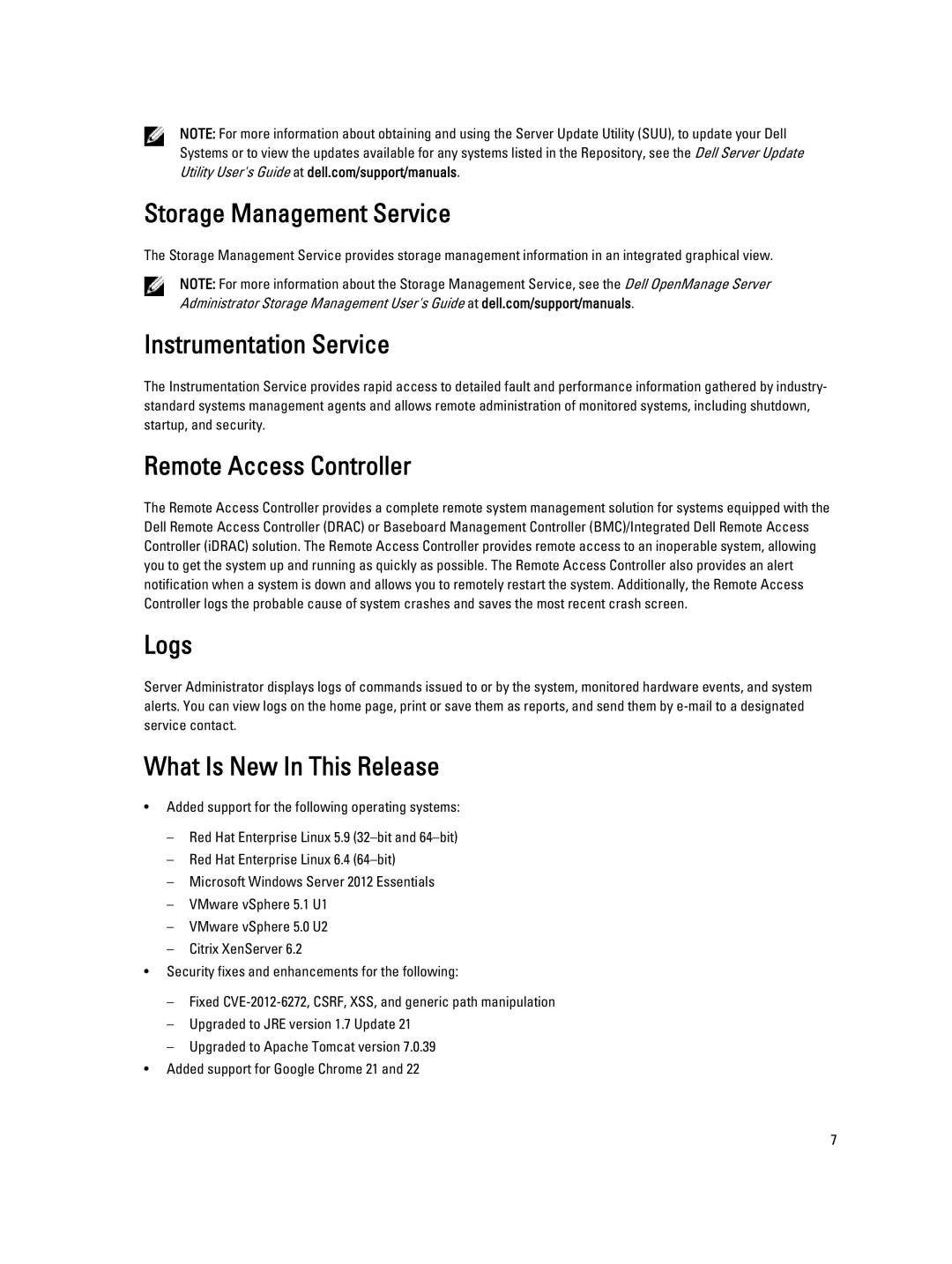 Dell Version 7.3 manual Storage Management Service, Instrumentation Service, Remote Access Controller, Logs 