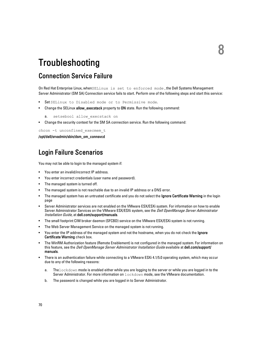 Dell Version 7.3 manual Troubleshooting, Connection Service Failure, Login Failure Scenarios 