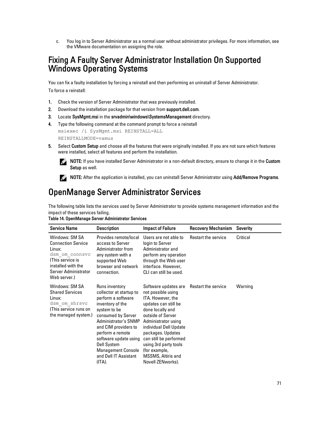 Dell Version 7.3 manual OpenManage Server Administrator Services, Service Name Description Impact of Failure, Severity 