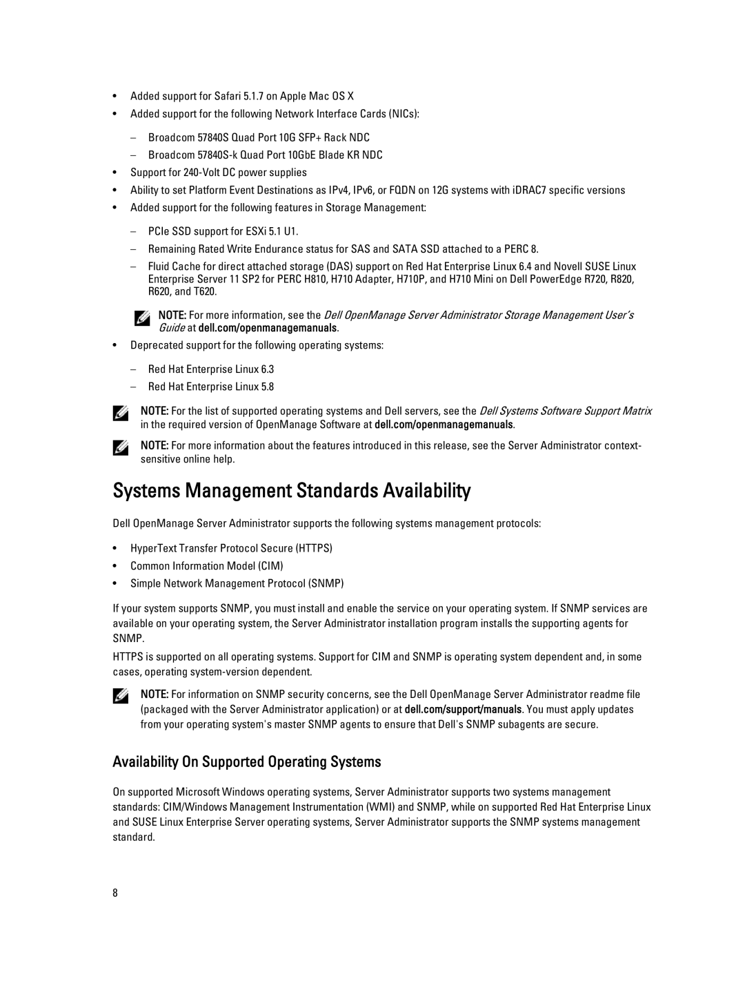 Dell Version 7.3 manual Systems Management Standards Availability, Availability On Supported Operating Systems 