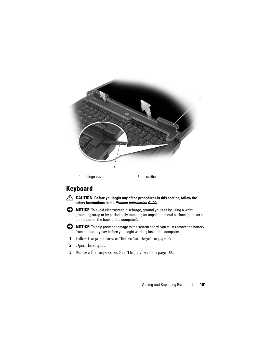 Dell Vostro 1000 owner manual Keyboard, 101, Hinge cover 