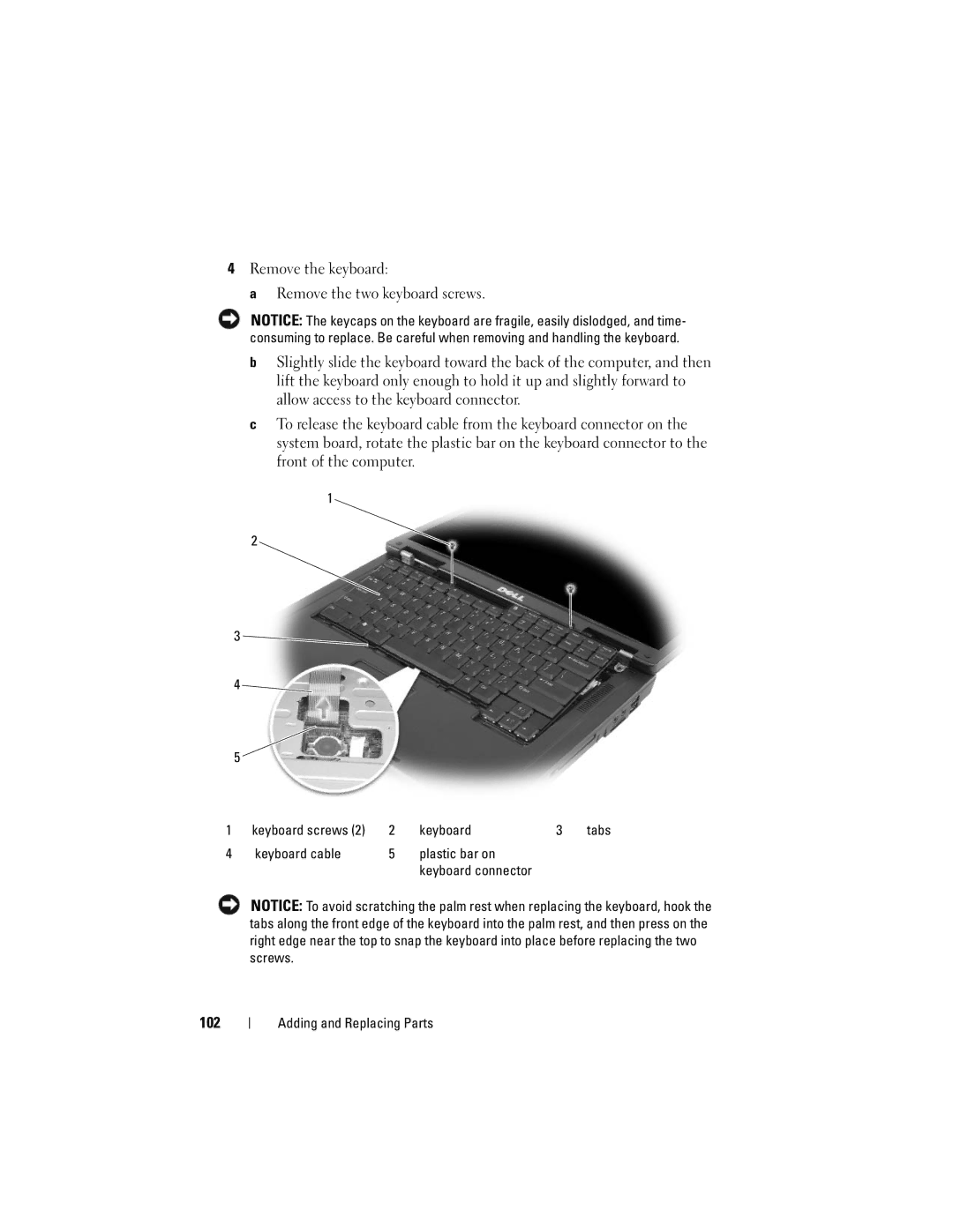 Dell Vostro 1000 owner manual 102, Keyboard cable Plastic bar on Keyboard connector 