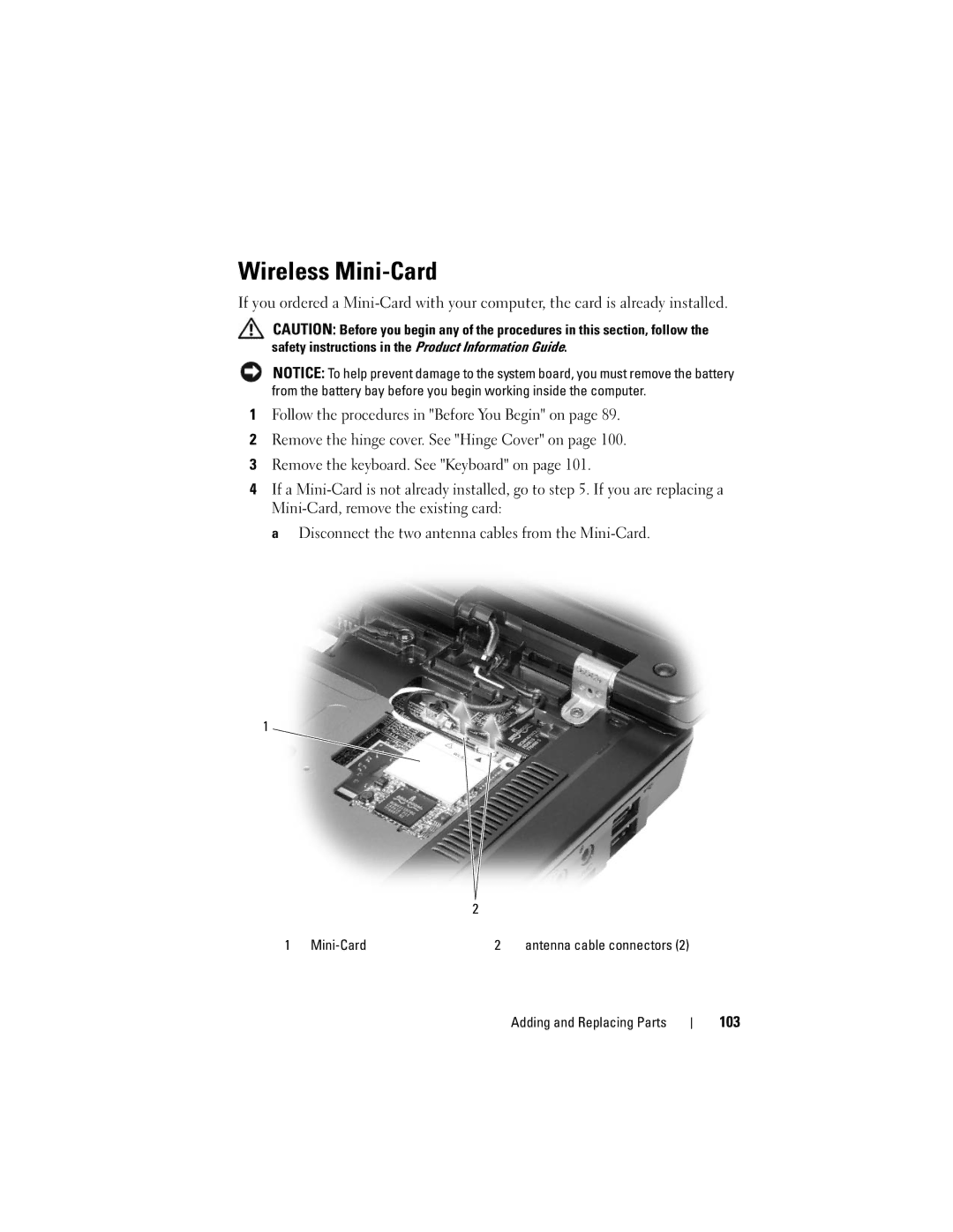 Dell Vostro 1000 owner manual Wireless Mini-Card, 103 