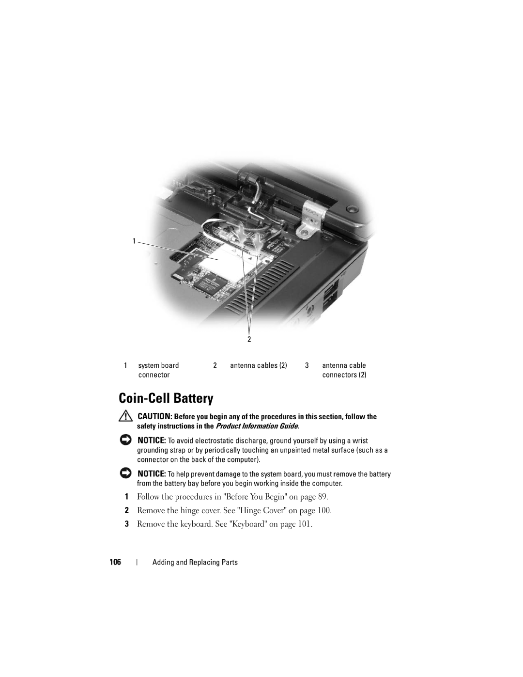 Dell Vostro 1000 owner manual Coin-Cell Battery, System board Antenna cables, Connector 