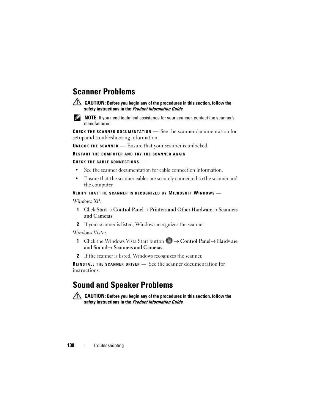 Dell Vostro 1000 owner manual Scanner Problems, Sound and Speaker Problems, 138 