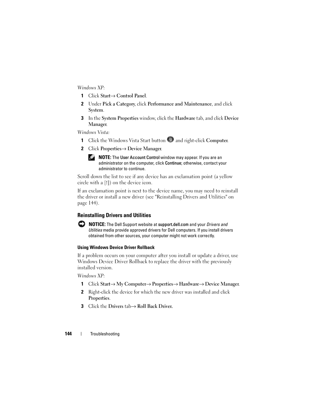 Dell Vostro 1000 owner manual Reinstalling Drivers and Utilities, Using Windows Device Driver Rollback 