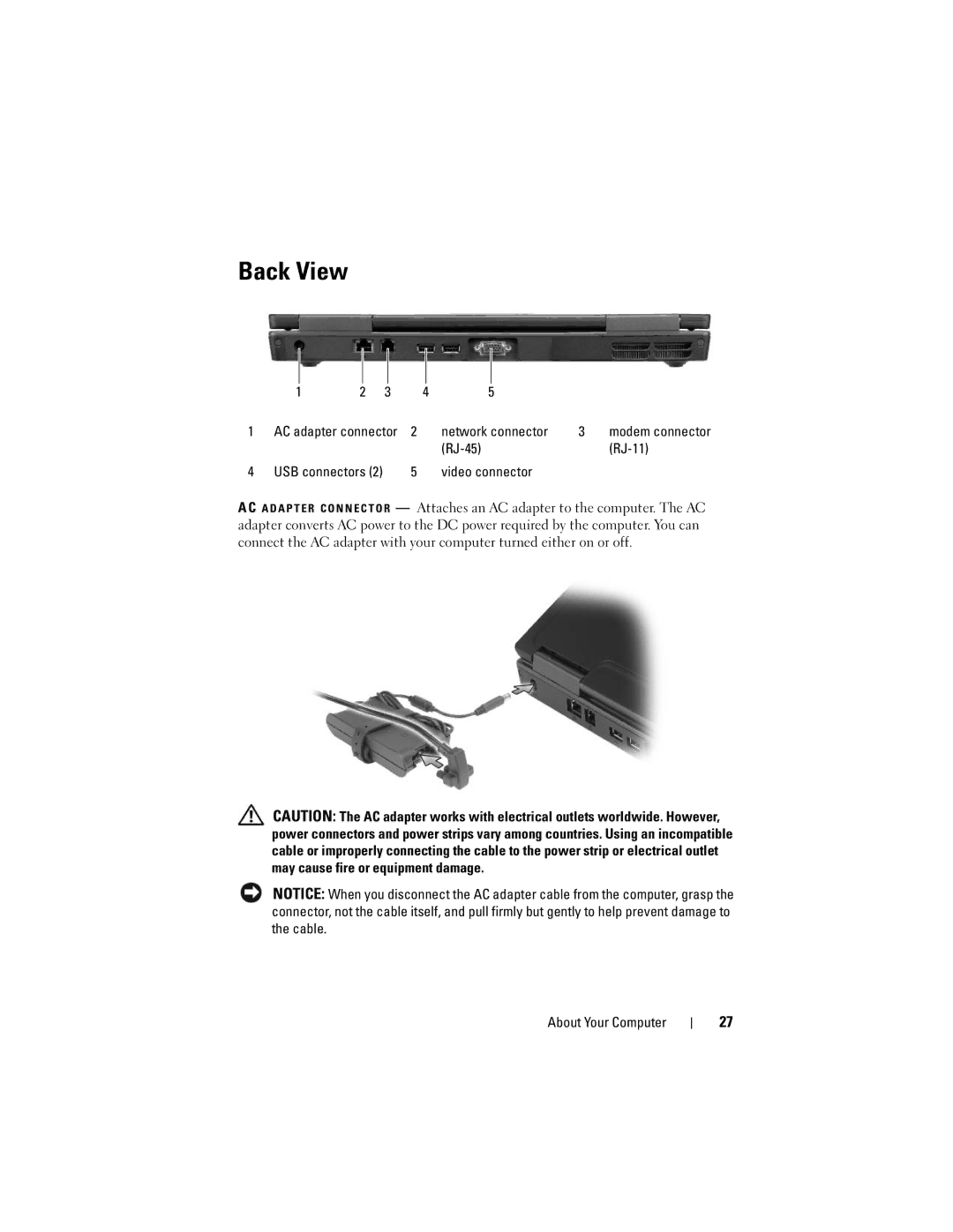 Dell Vostro 1000 owner manual Back View, AC adapter connector Network connector, RJ-45 RJ-11 USB connectors Video connector 