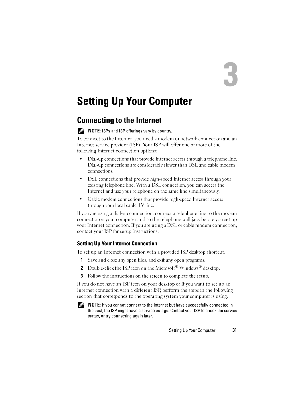 Dell Vostro 1000 owner manual Setting Up Your Computer, Connecting to the Internet, Setting Up Your Internet Connection 