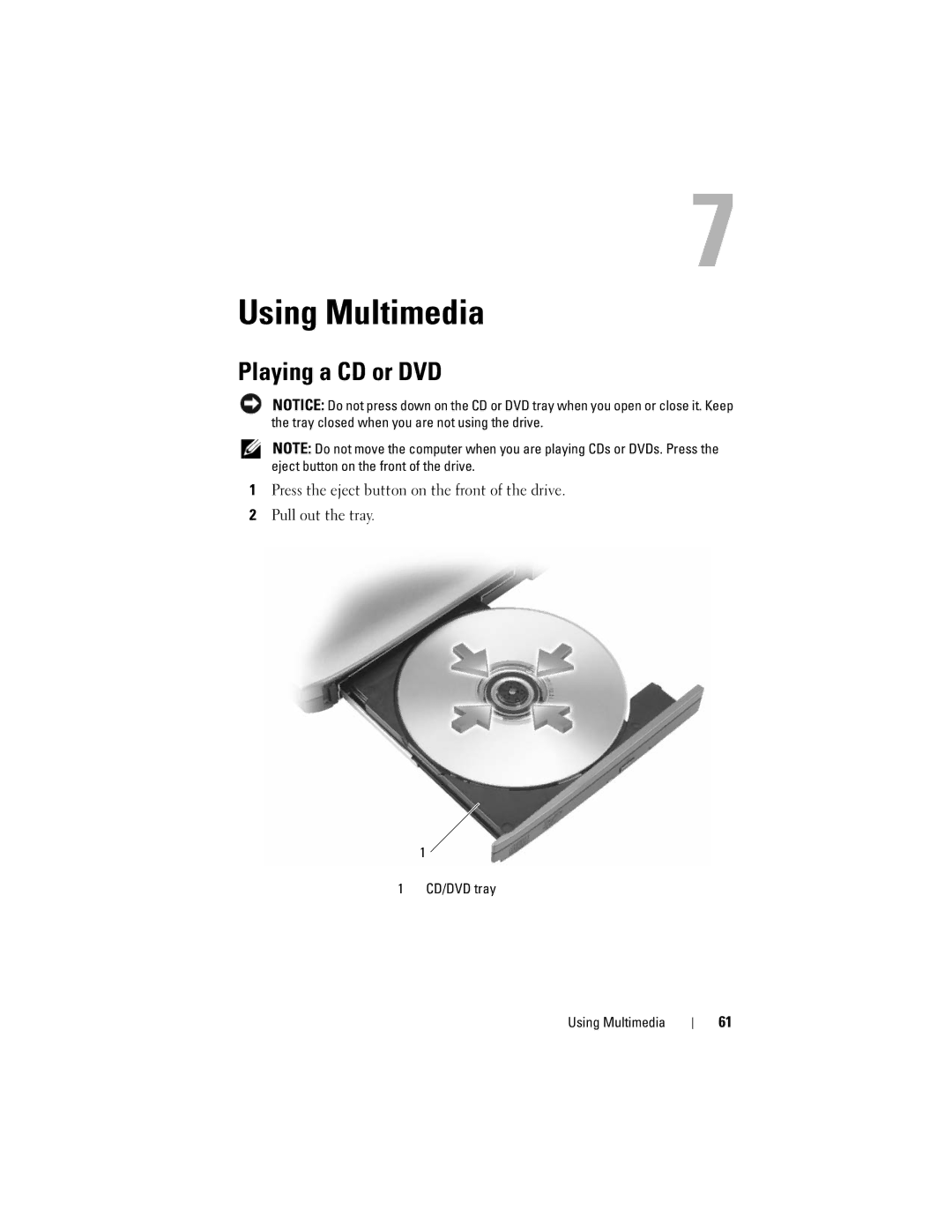 Dell Vostro 1000 owner manual Playing a CD or DVD, CD/DVD tray Using Multimedia 