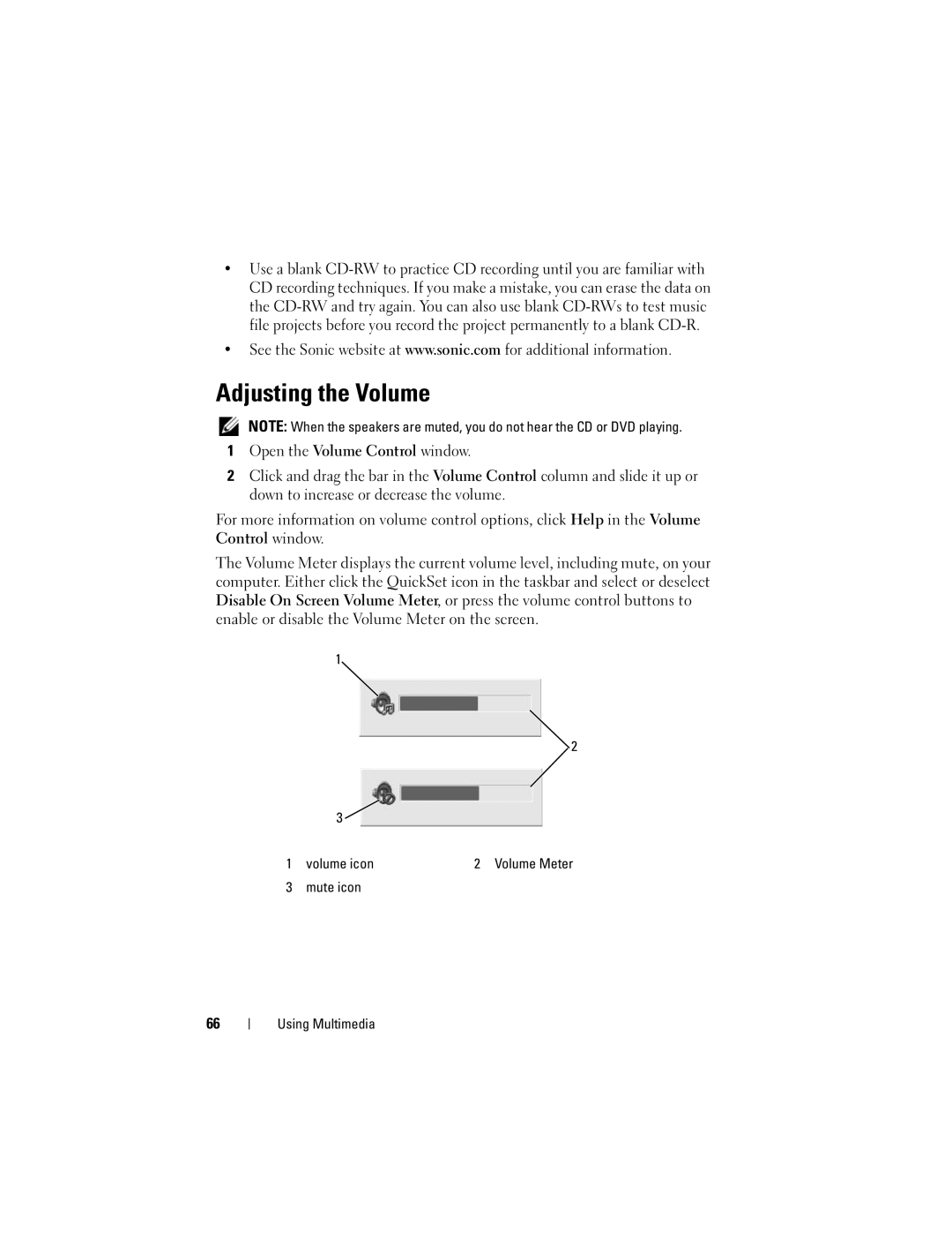 Dell Vostro 1000 owner manual Volume icon, Mute icon Using Multimedia 