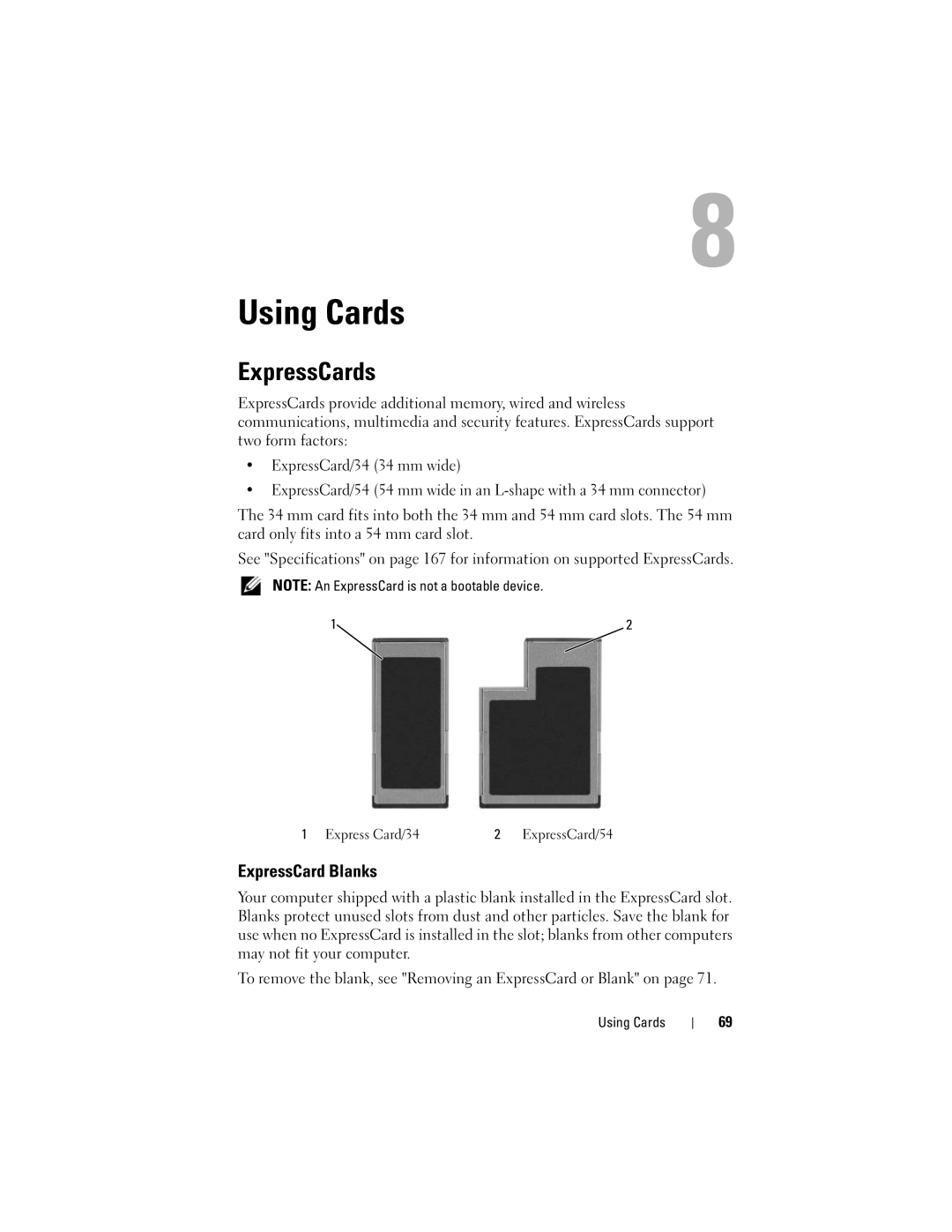 Dell Vostro 1000 owner manual Using Cards, ExpressCards, ExpressCard Blanks 