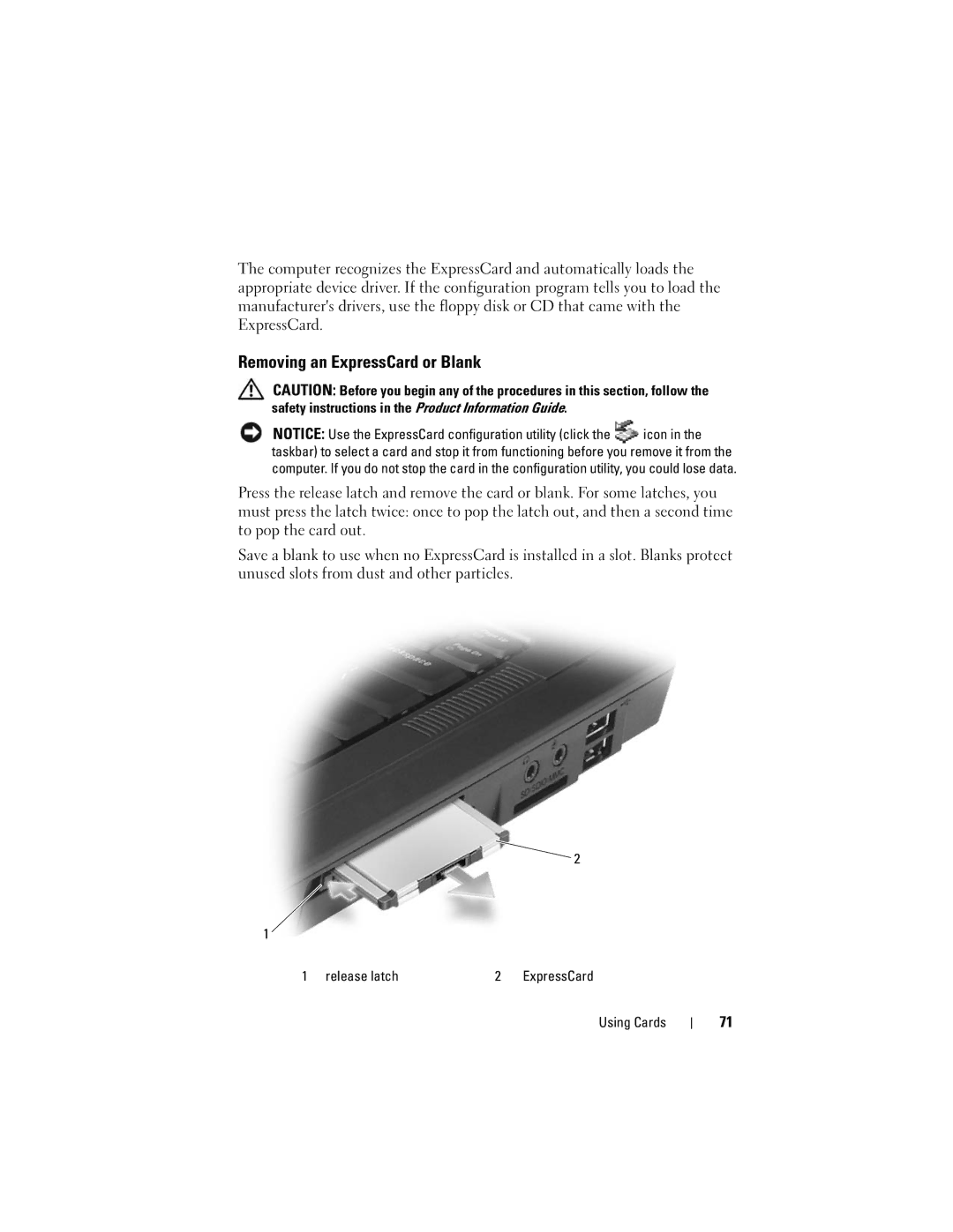 Dell Vostro 1000 owner manual Removing an ExpressCard or Blank, Release latch 