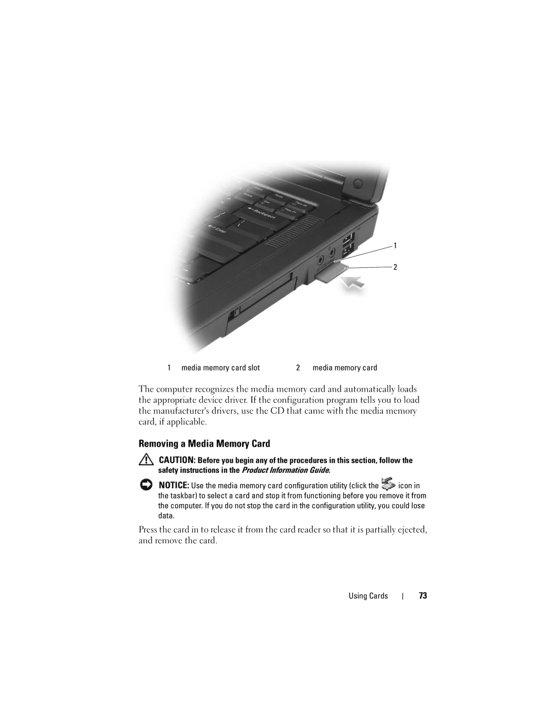 Dell Vostro 1000 owner manual Removing a Media Memory Card, Media memory card slot 