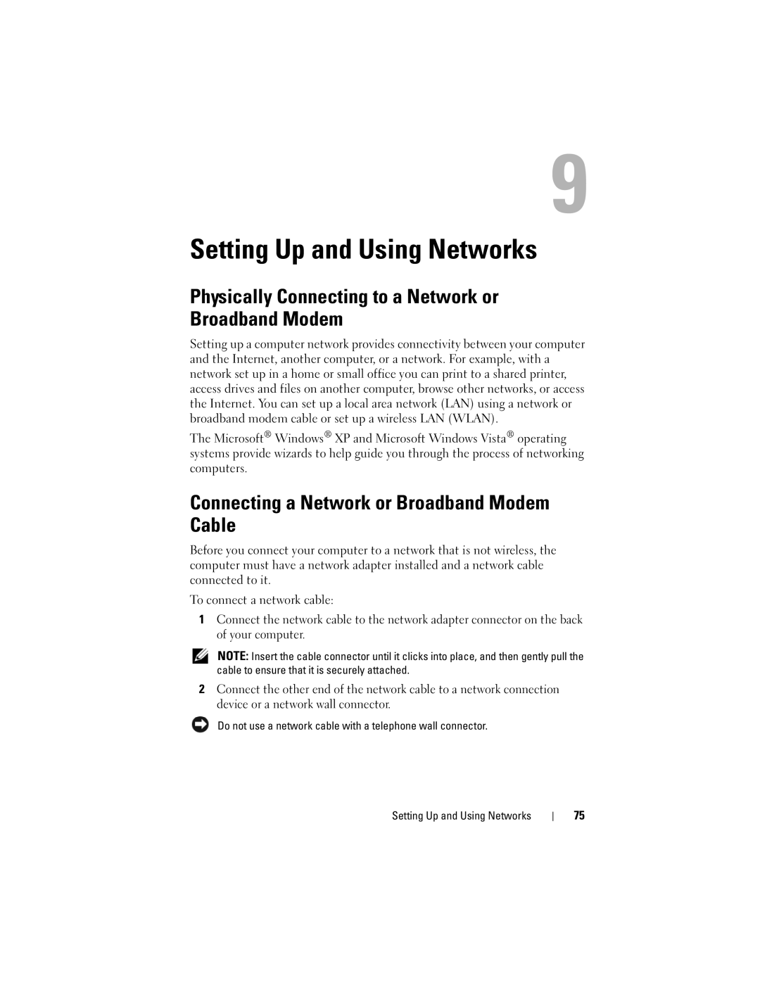 Dell Vostro 1000 owner manual Setting Up and Using Networks, Physically Connecting to a Network or Broadband Modem 