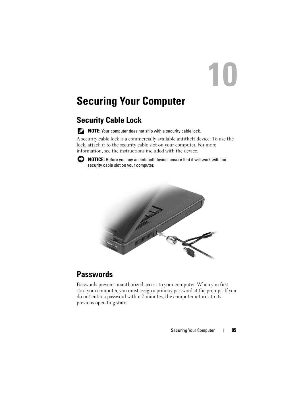 Dell Vostro 1000 owner manual Securing Your Computer, Security Cable Lock, Passwords 