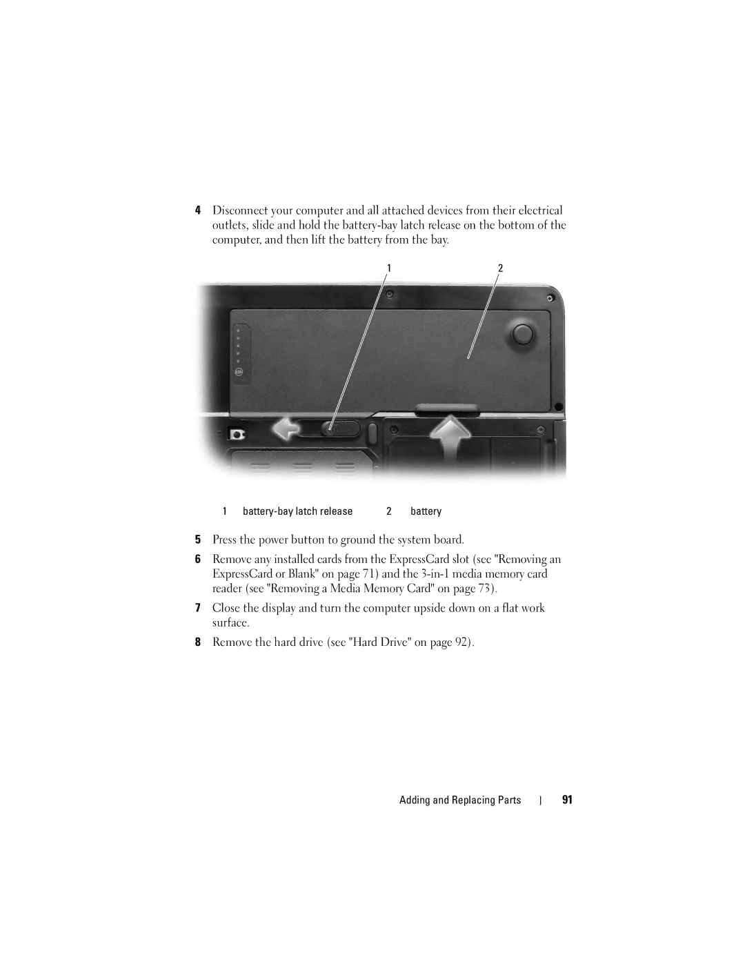 Dell Vostro 1000 owner manual Press the power button to ground the system board, Battery-bay latch release 