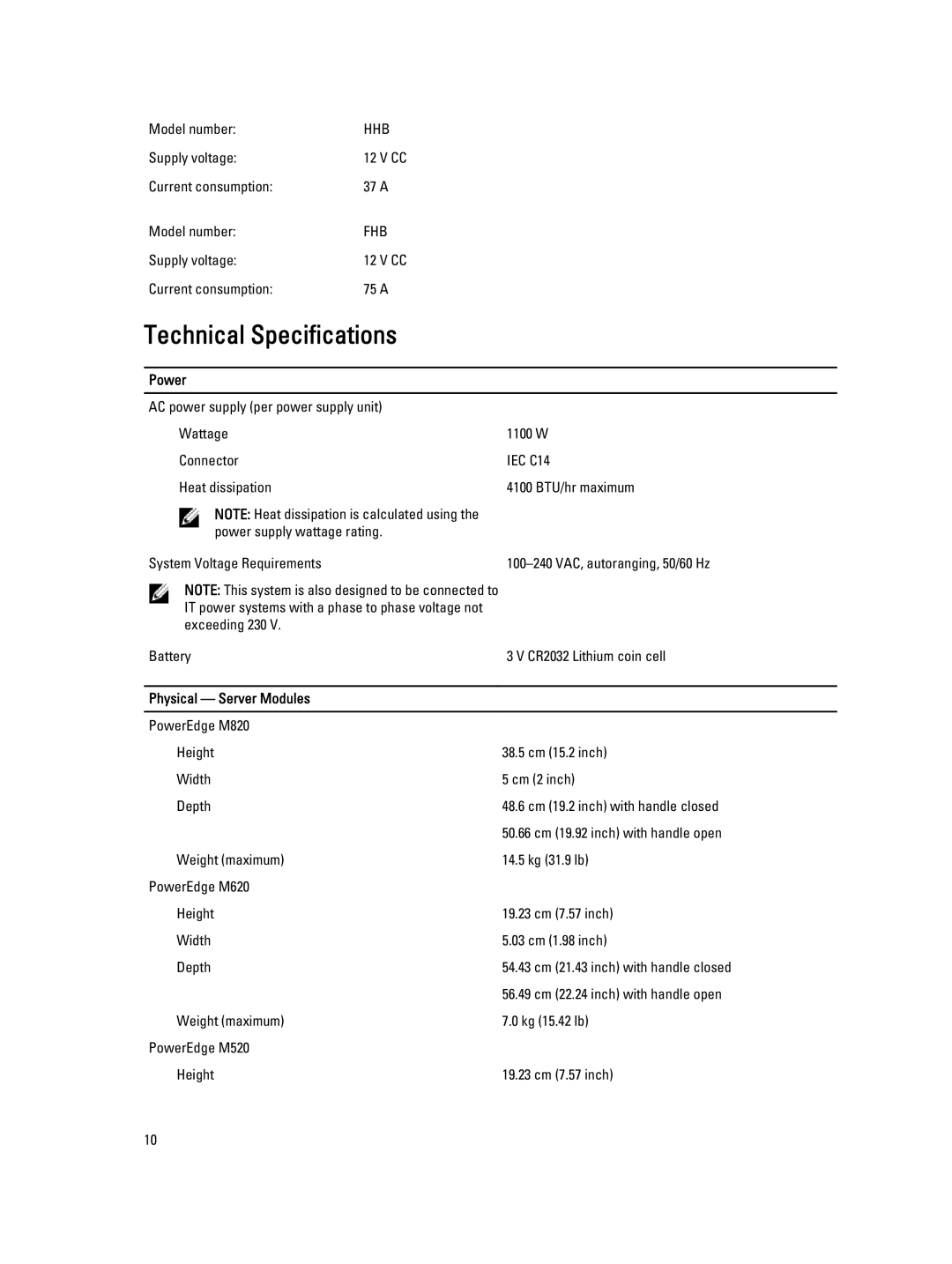 Dell VRTX manual Technical Specifications, Power, Physical Server Modules 