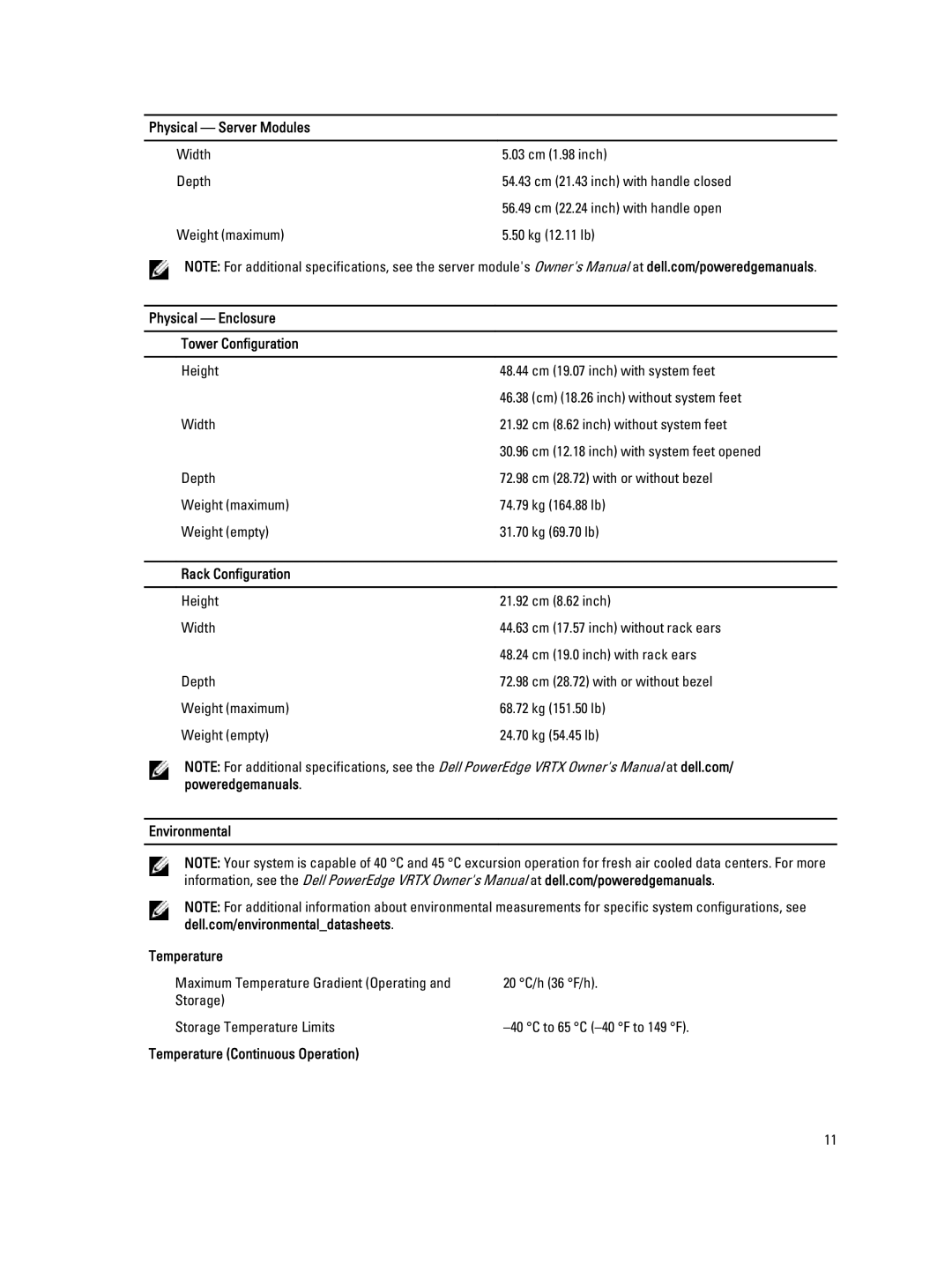 Dell VRTX manual Physical Enclosure Tower Configuration, Rack Configuration, Environmental Temperature 