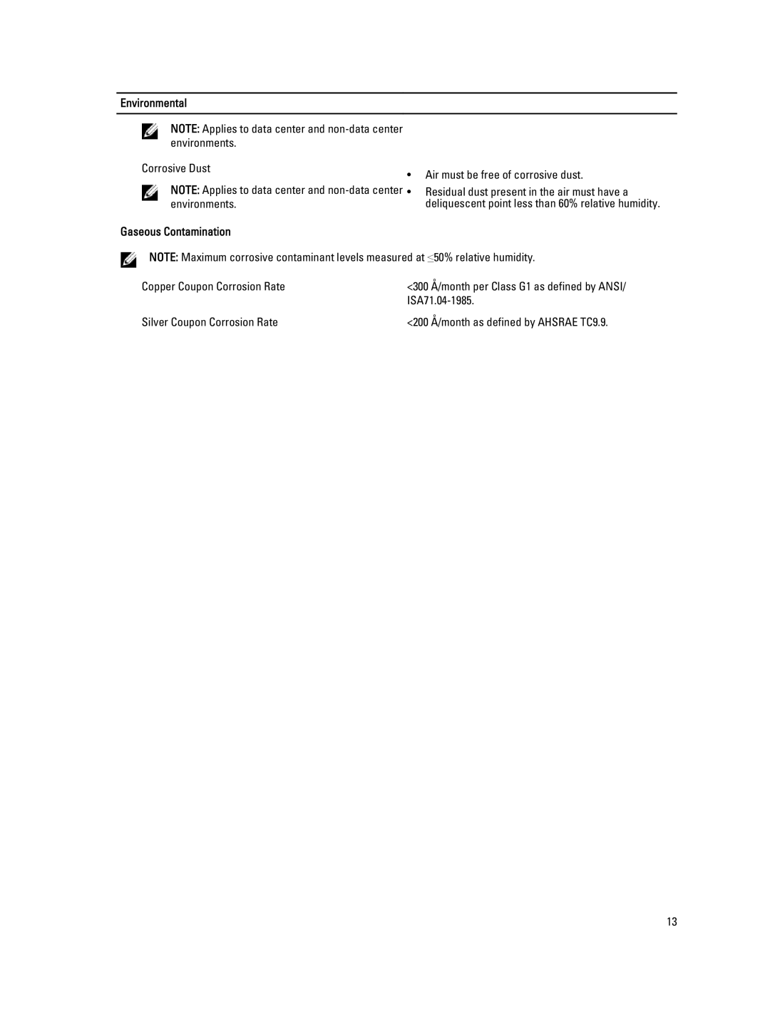 Dell VRTX manual Gaseous Contamination 