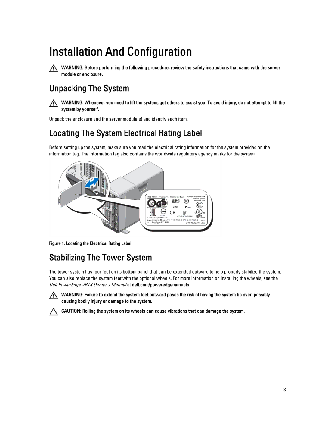 Dell VRTX manual Unpacking The System, Locating The System Electrical Rating Label, Stabilizing The Tower System 