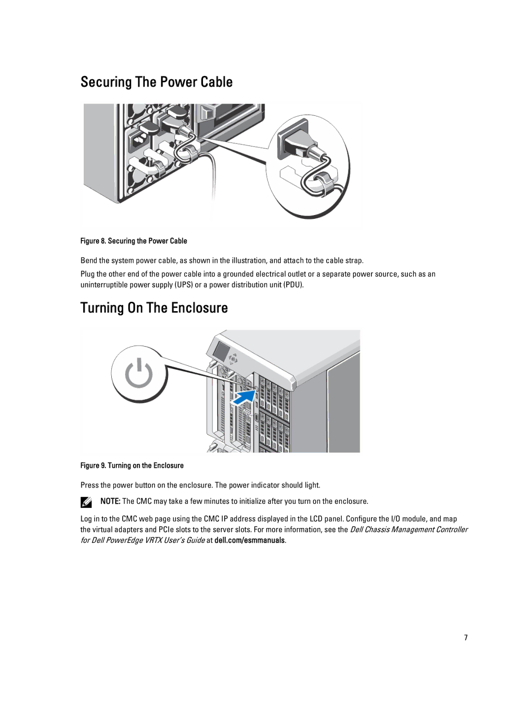 Dell VRTX manual Securing The Power Cable, Turning On The Enclosure 