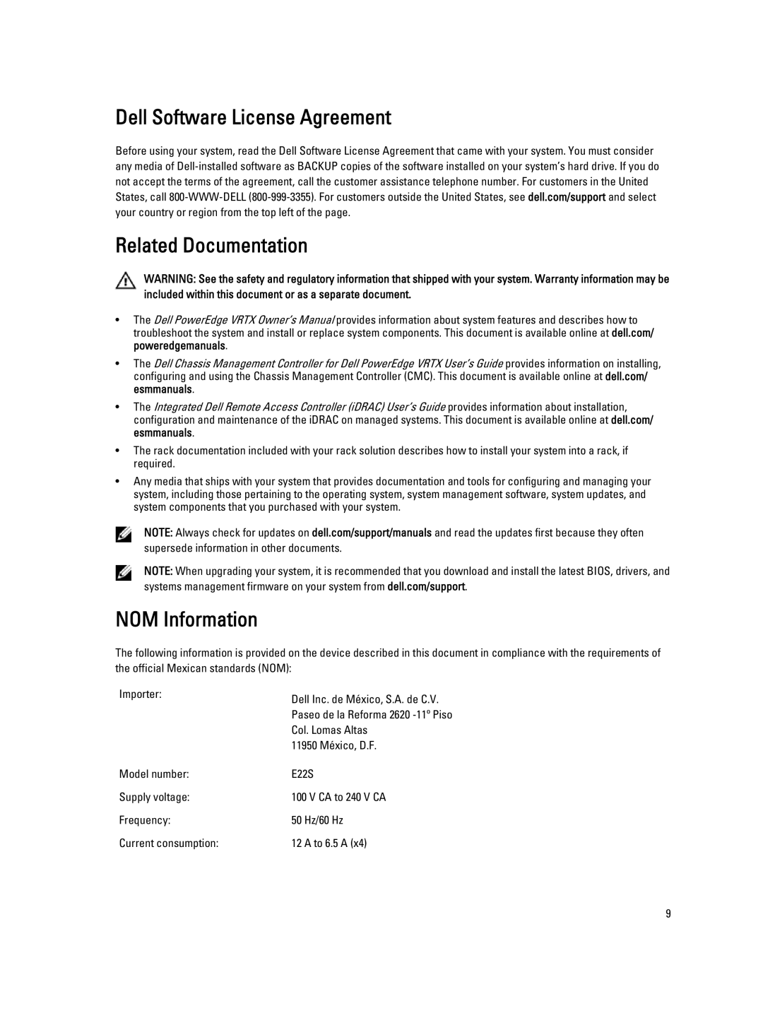 Dell VRTX manual Dell Software License Agreement Related Documentation, NOM Information 