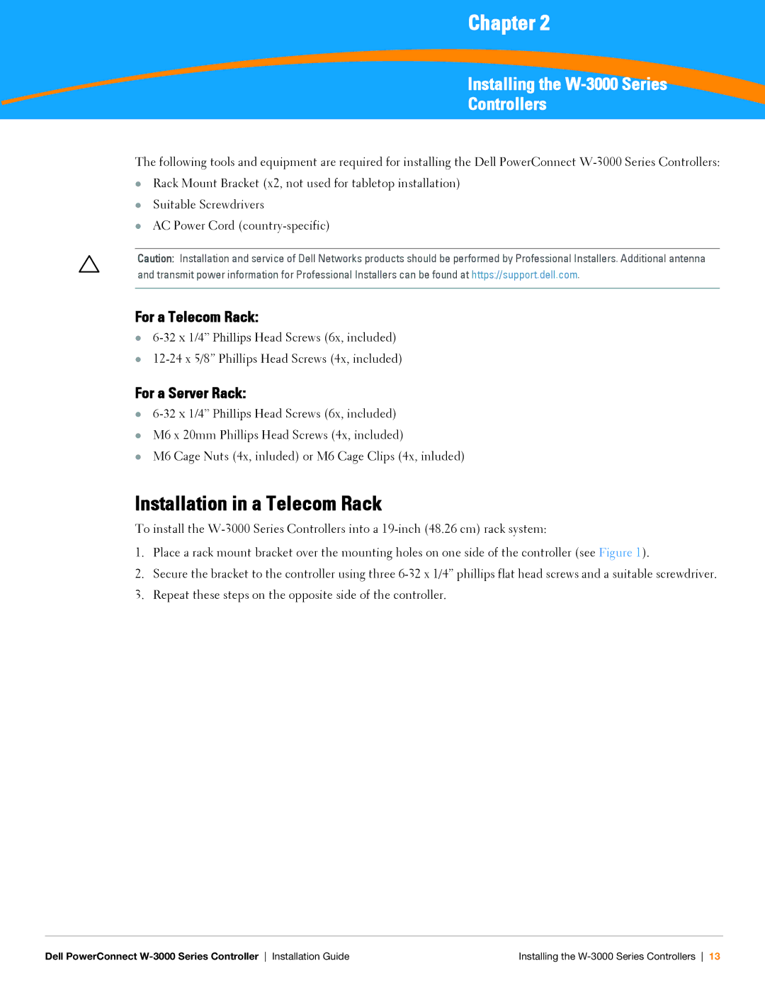 Dell W-3000 manual Installation in a Telecom Rack, For a Telecom Rack, For a Server Rack 