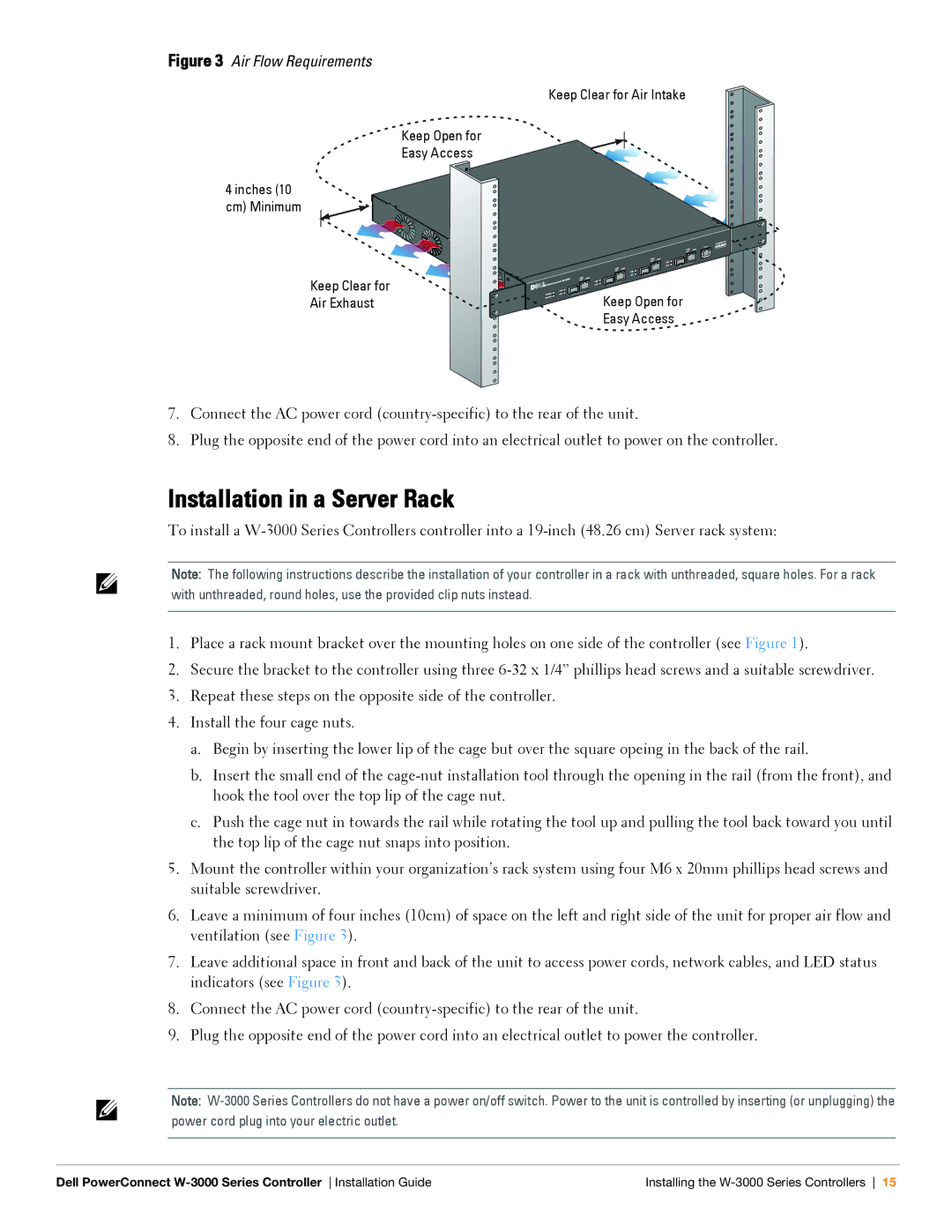 Dell W-3000 manual Installation in a Server Rack, Air Flow Requirements 