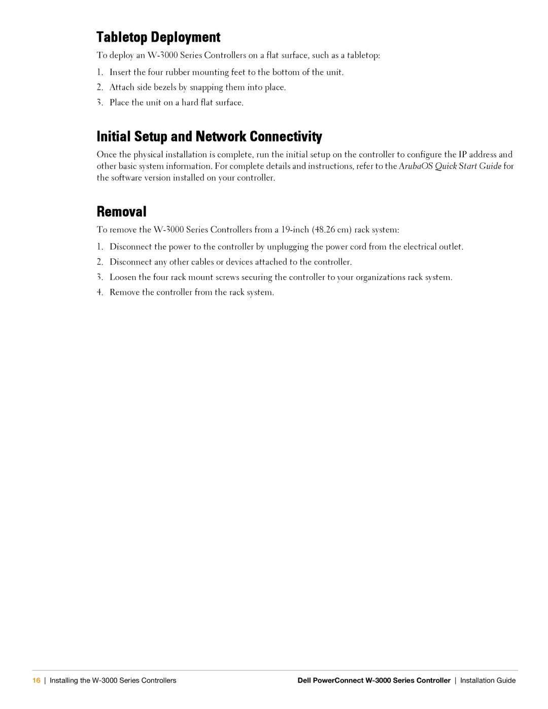 Dell W-3000 manual Tabletop Deployment, Initial Setup and Network Connectivity, Removal 