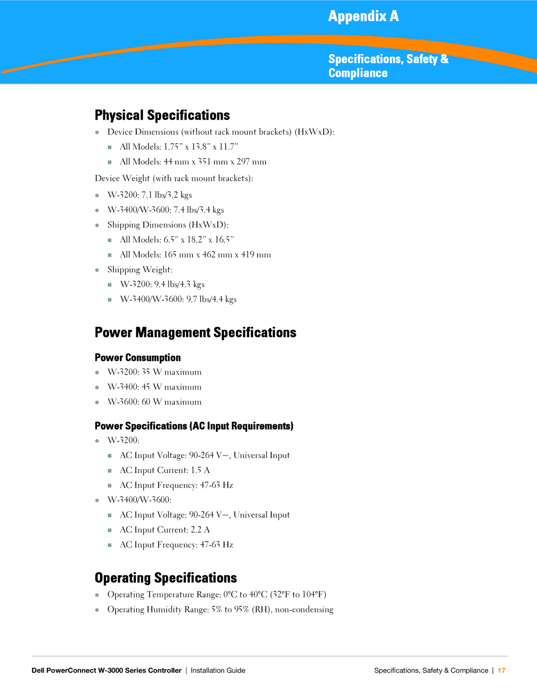 Dell W-3000 manual Physical Specifications, Power Management Specifications, Operating Specifications, Power Consumption 