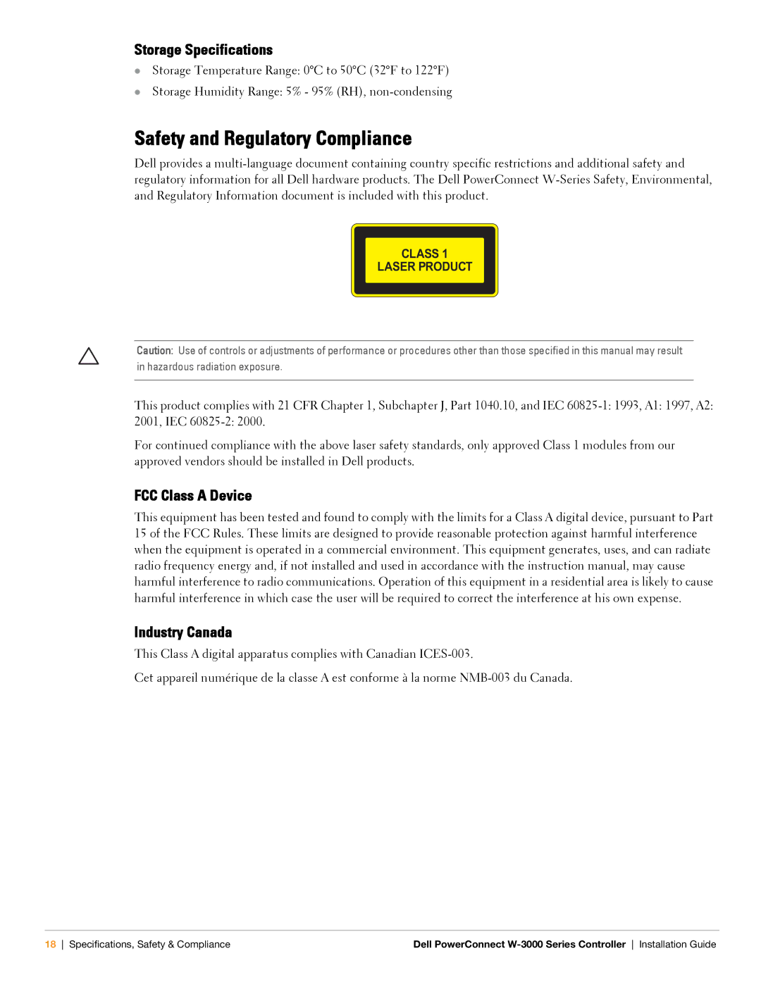 Dell W-3000 manual Safety and Regulatory Compliance, Storage Specifications, FCC Class a Device Industry Canada 