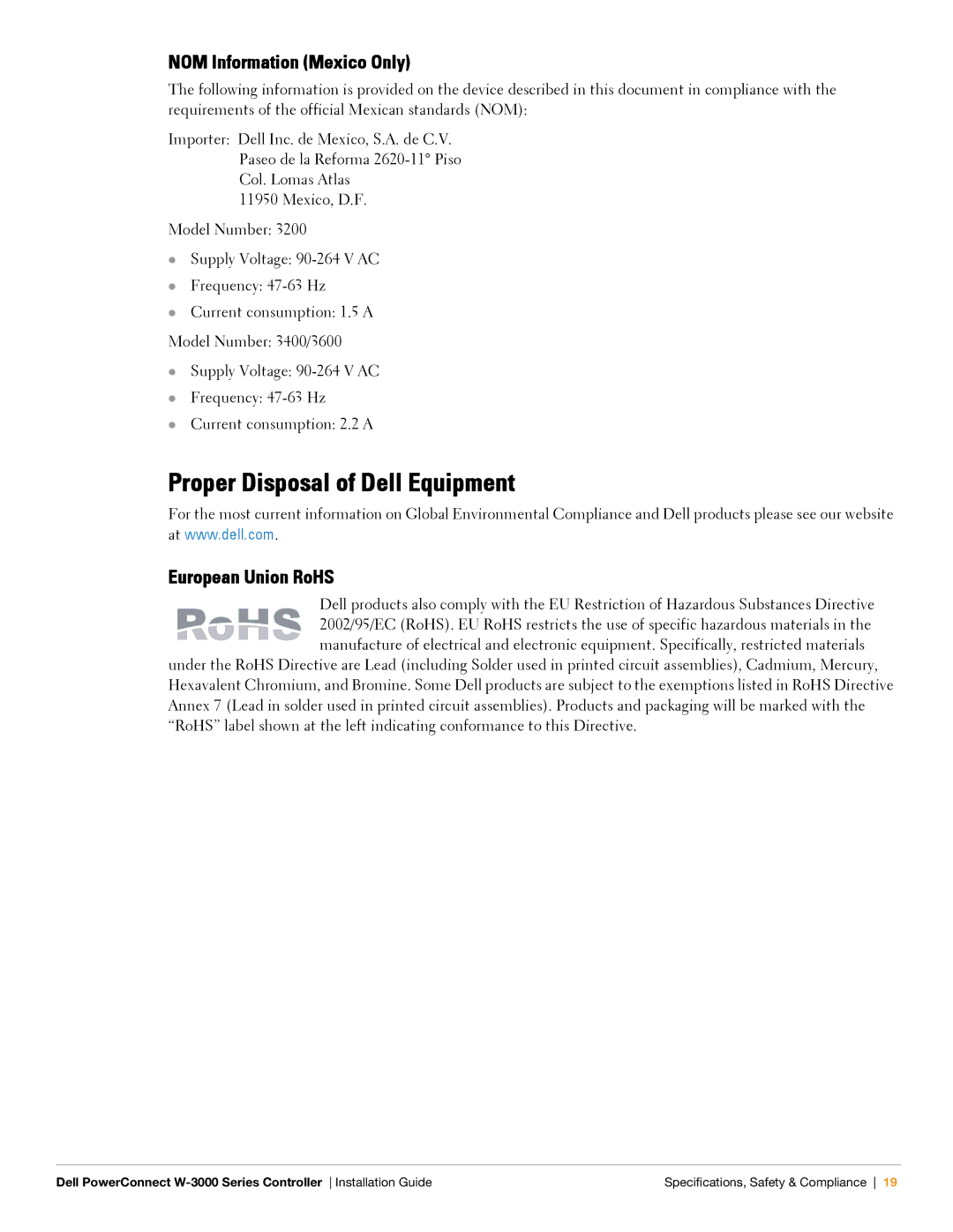 Dell W-3000 manual Proper Disposal of Dell Equipment, NOM Information Mexico Only, European Union RoHS 