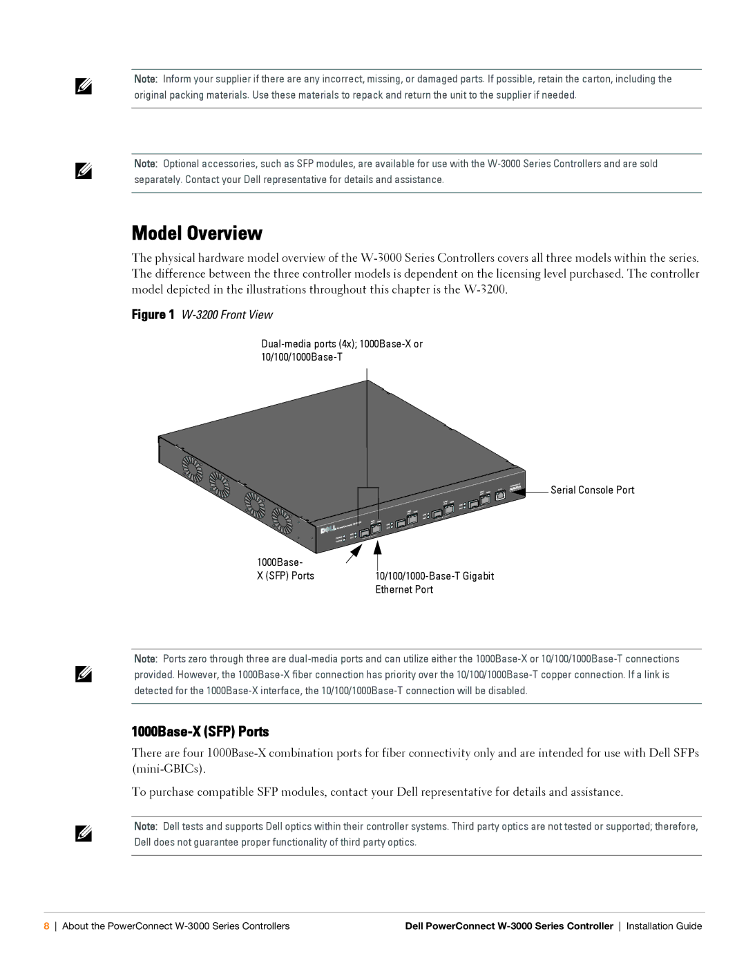 Dell W-3000 manual Model Overview, 1000Base-X SFP Ports 