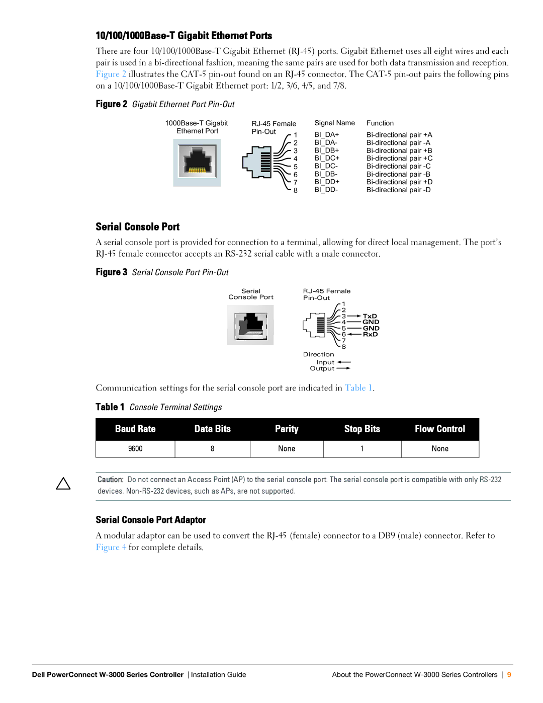 Dell W-3000 manual 10/100/1000Base-T Gigabit Ethernet Ports, Serial Console Port 