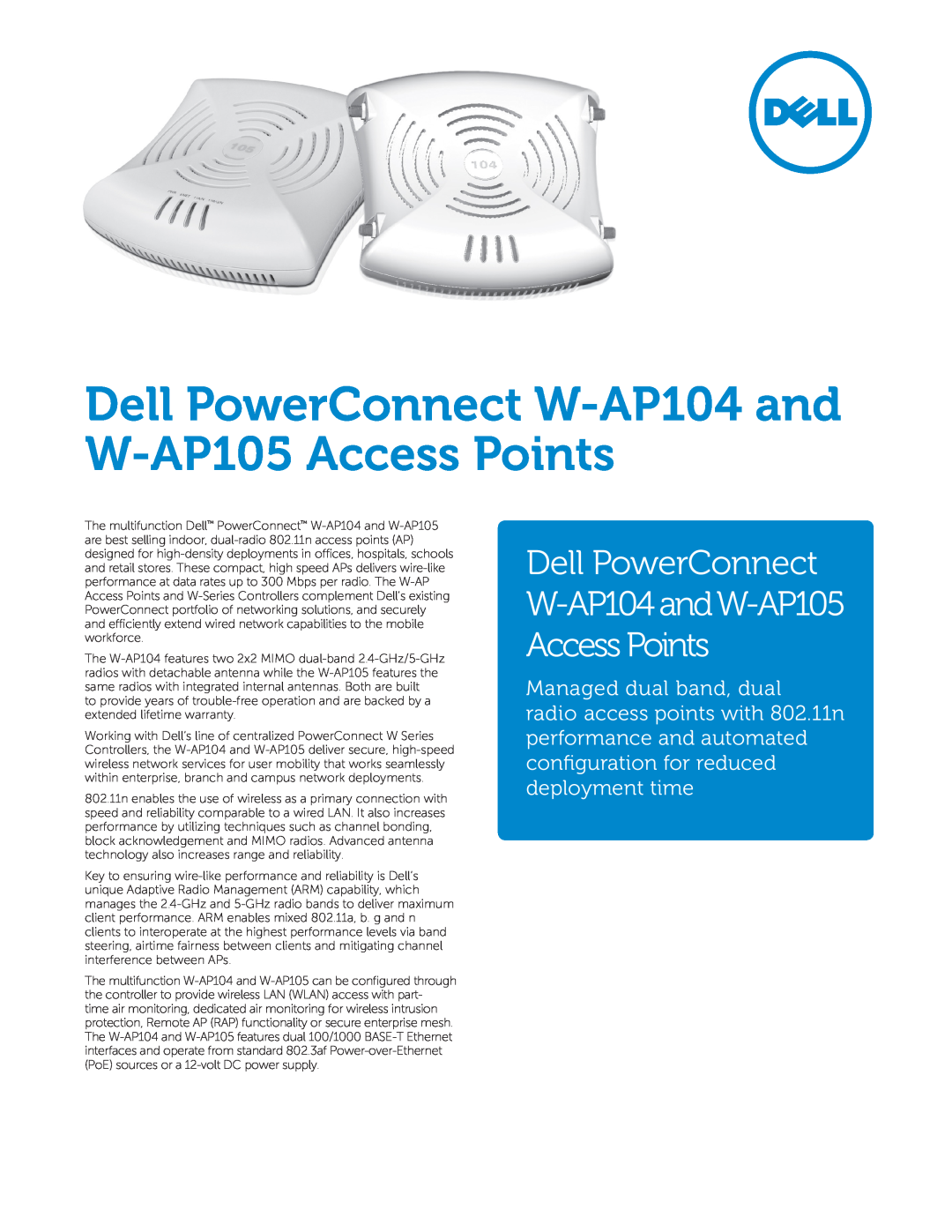 Dell w-ap104 and w-ap105 warranty Dell PowerConnect W-AP104 and W-AP105 Access Points, Managed dual band, dual 