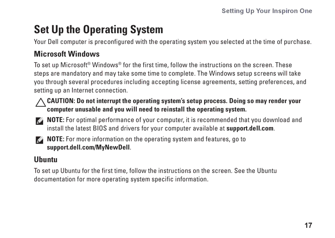 Dell W01C001, W01C002 setup guide Set Up the Operating System, Microsoft Windows, Ubuntu 