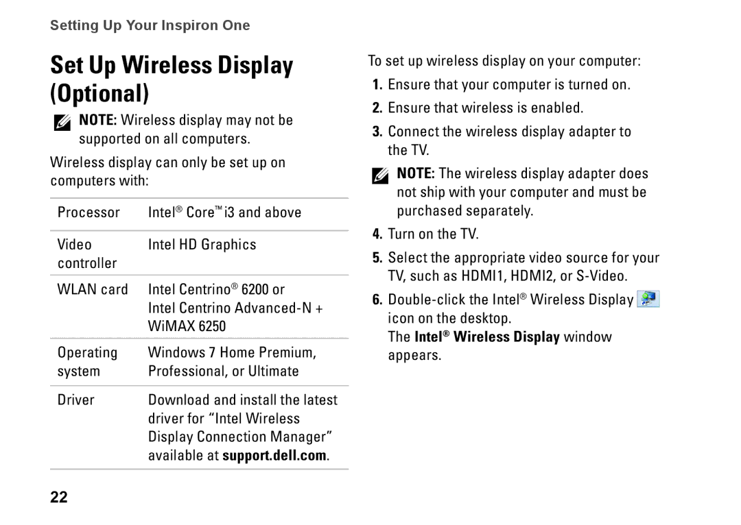 Dell W01C002, W01C001 setup guide Set Up Wireless Display Optional, Intel Wireless Display window appears 