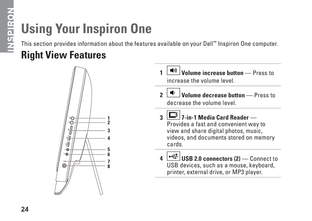 Dell W01C002, W01C001 setup guide Using Your Inspiron One, Right View Features 