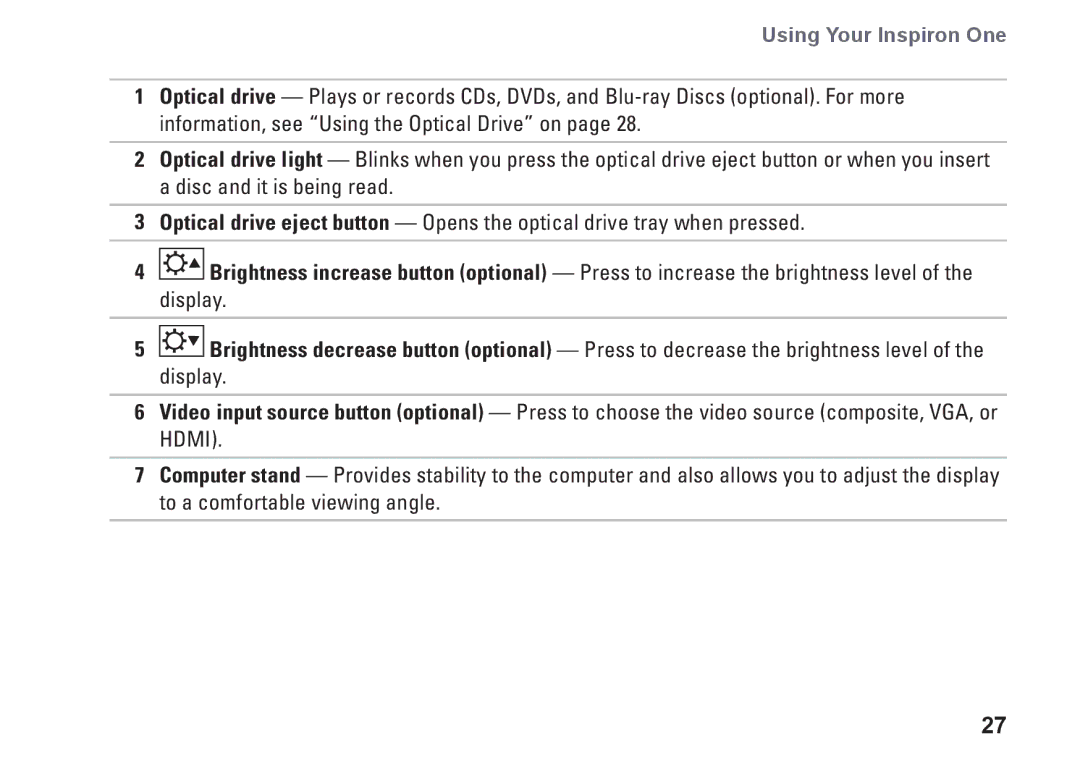 Dell W01C001, W01C002 setup guide Using Your Inspiron One 