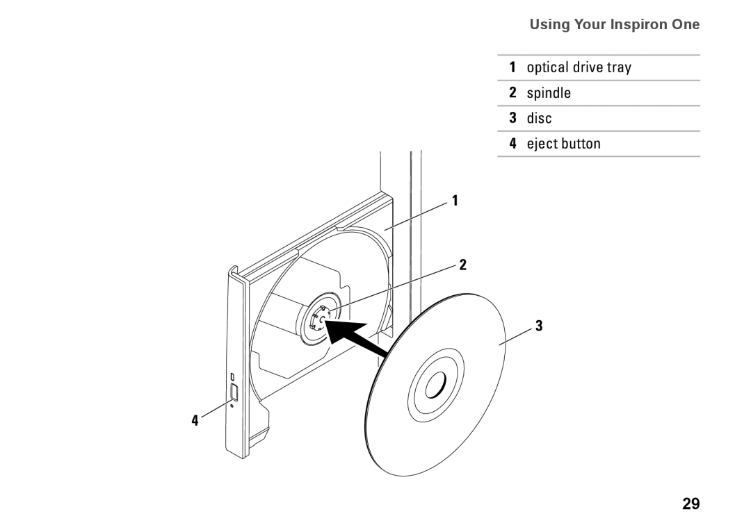 Dell W01C001, W01C002 setup guide Optical drive tray Spindle Disc Eject button 