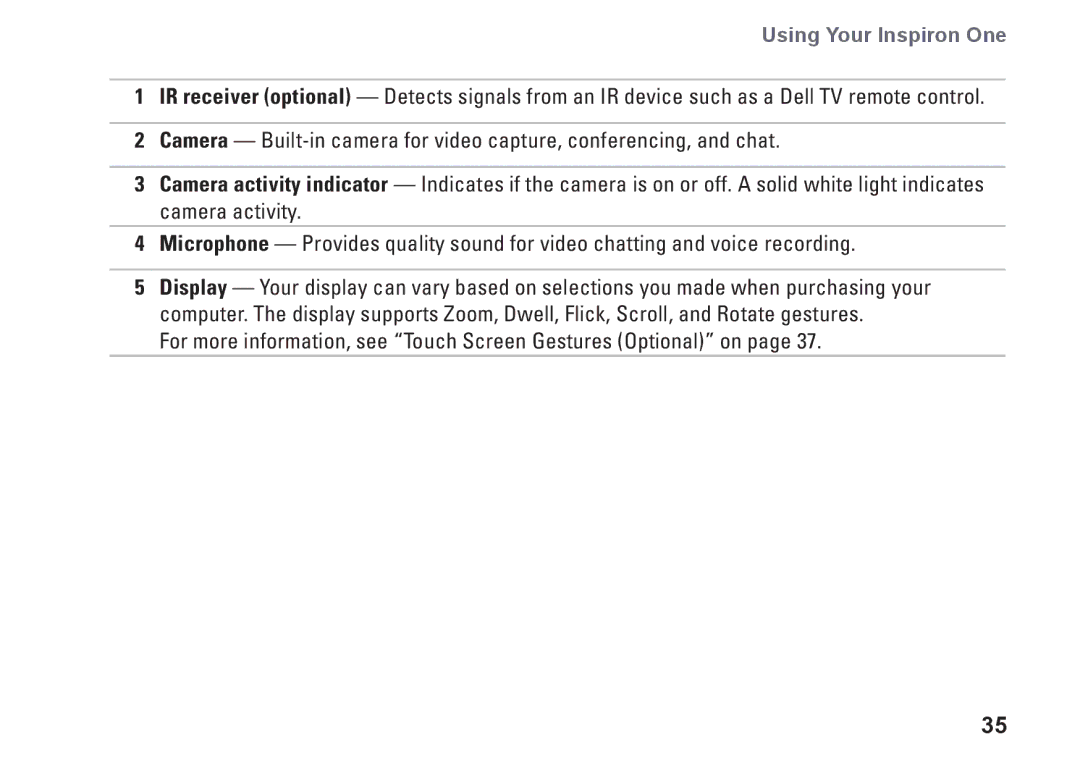 Dell W01C001, W01C002 setup guide For more information, see Touch Screen Gestures Optional on 