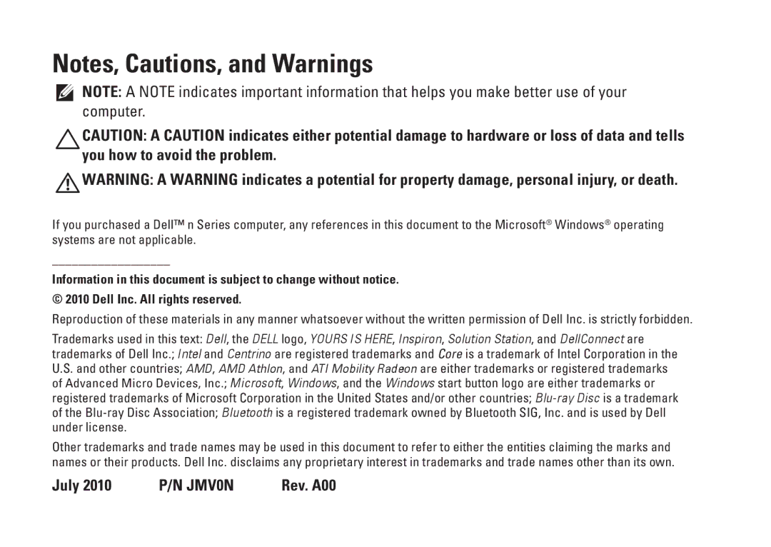 Dell W01C002, W01C001 setup guide July 2010 P/N JMV0N Rev. A00 