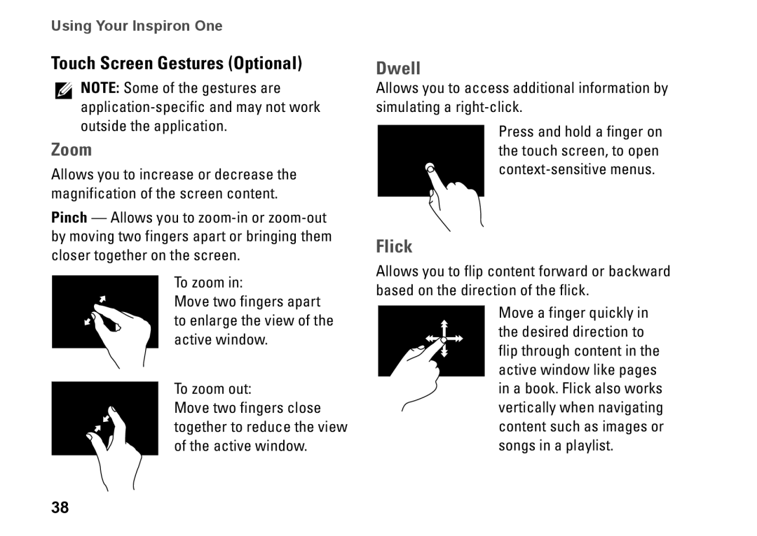 Dell W01C002, W01C001 setup guide Touch Screen Gestures Optional, Zoom 